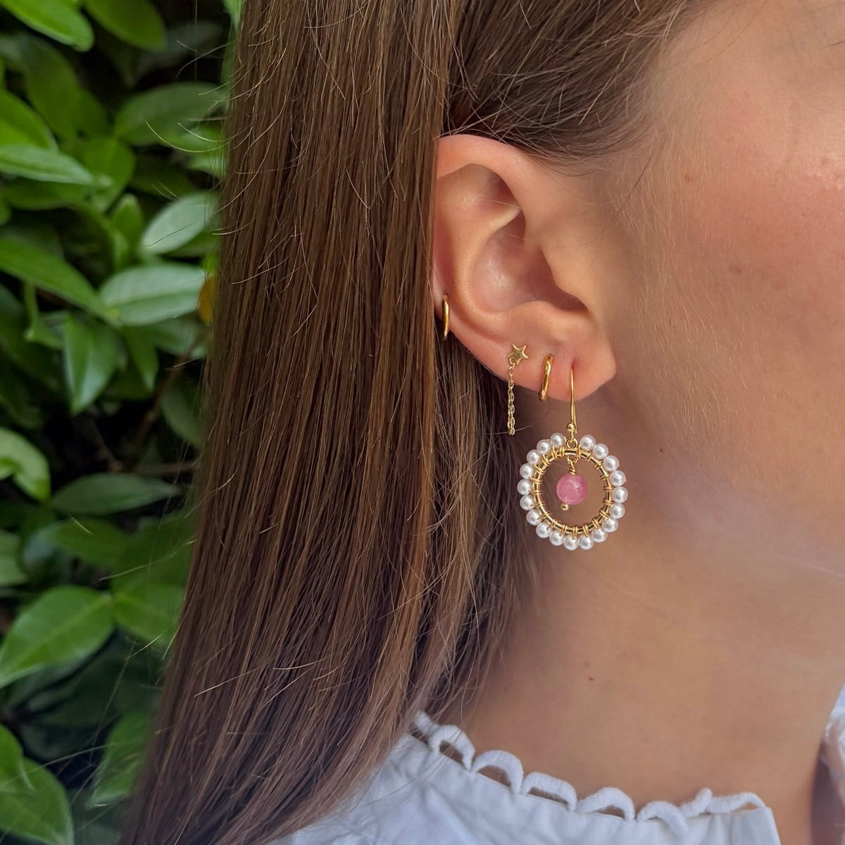 Freshwater Pearl Mini Round & Pink Agate Drop Beaded Earrings