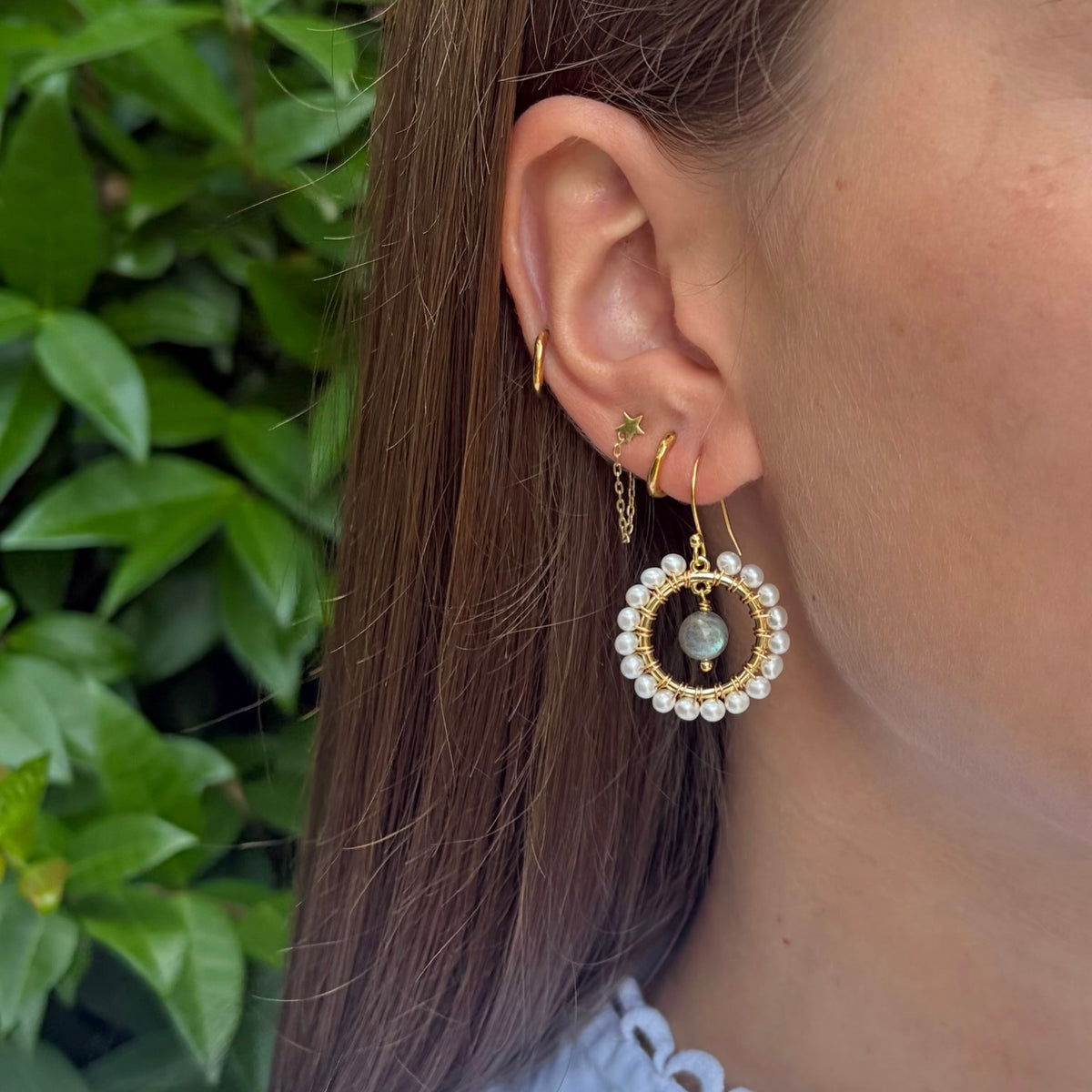Freshwater Pearl Mini Round & Grey Labradorite Drop Beaded Earrings