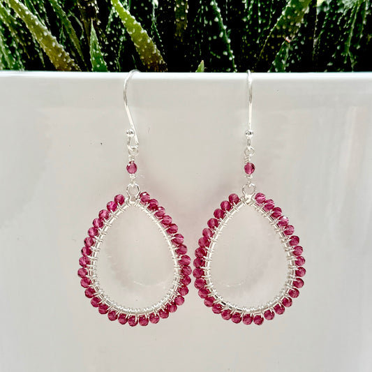 Fuchsia Pink Garnet Teardrop Beaded Earrings (Silver)