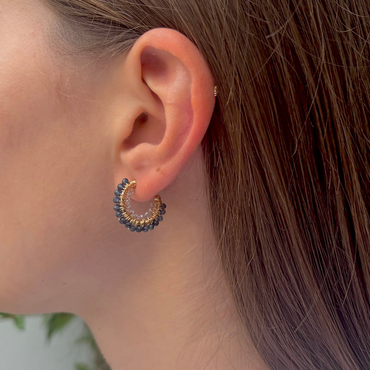 Denim Iolite & Crystal Double Beaded Mini Hoops