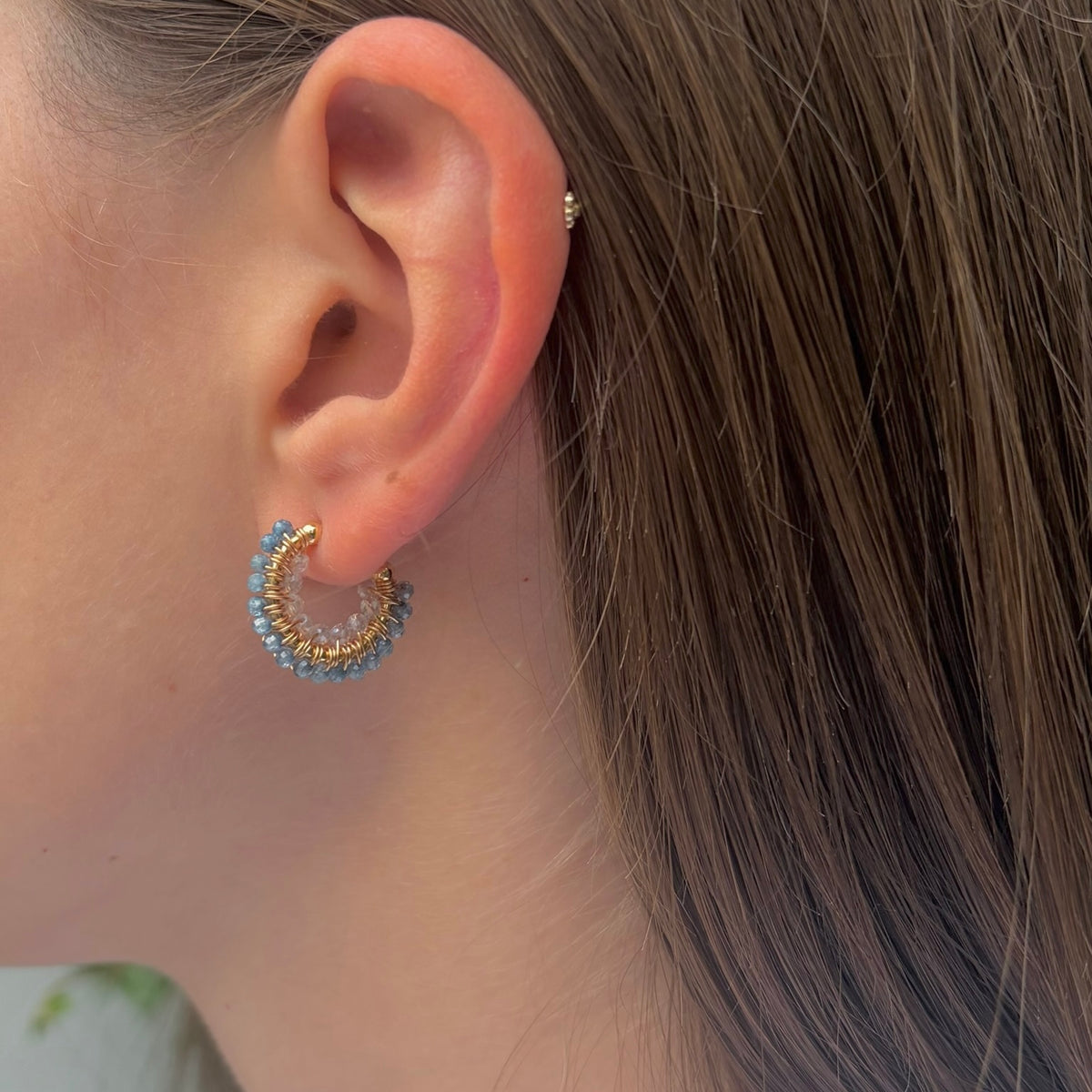 Pale Denim Azurite & Crystal Double Beaded Mini Hoops