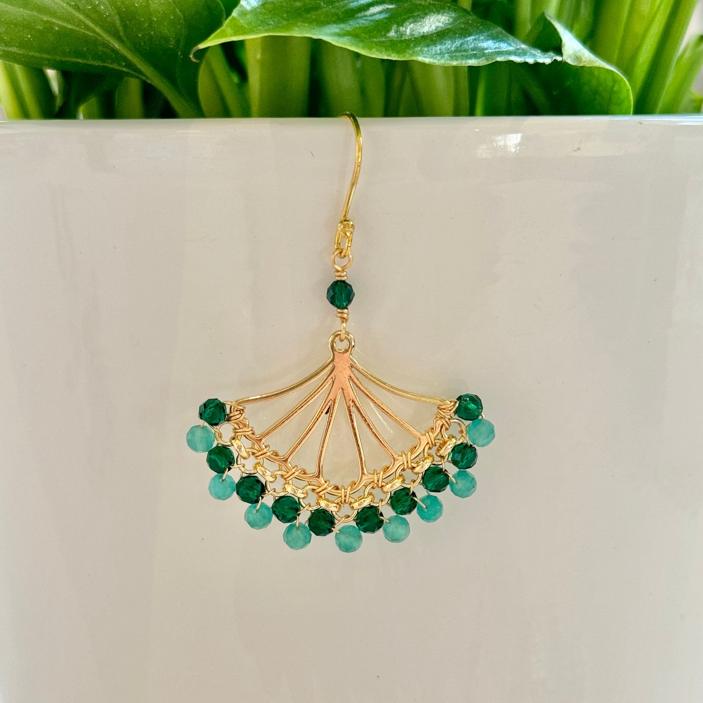 Emerald Green & Mint Green Jade Rolo Fan Beaded Earrings