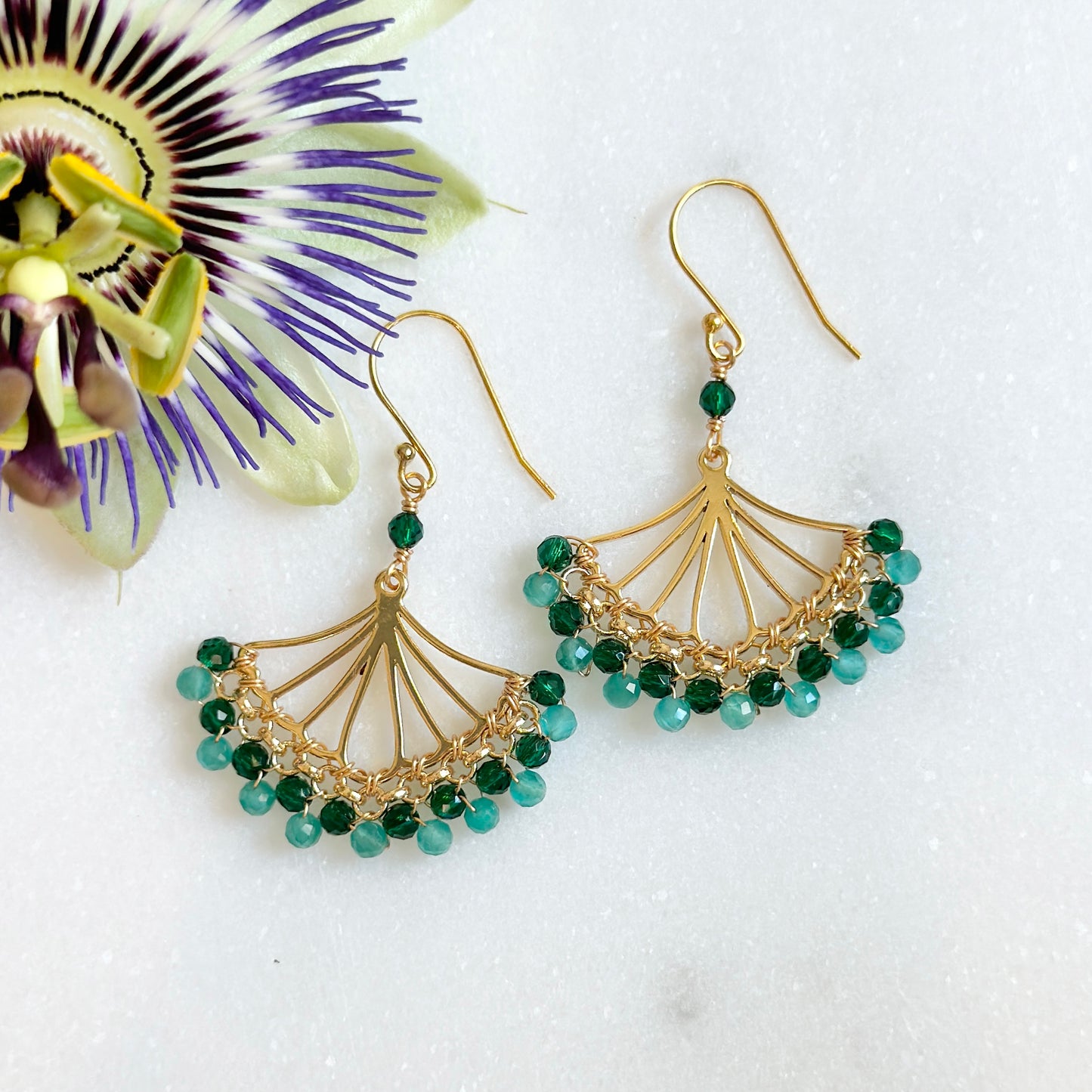 Emerald Green & Mint Green Jade Rolo Fan Beaded Earrings