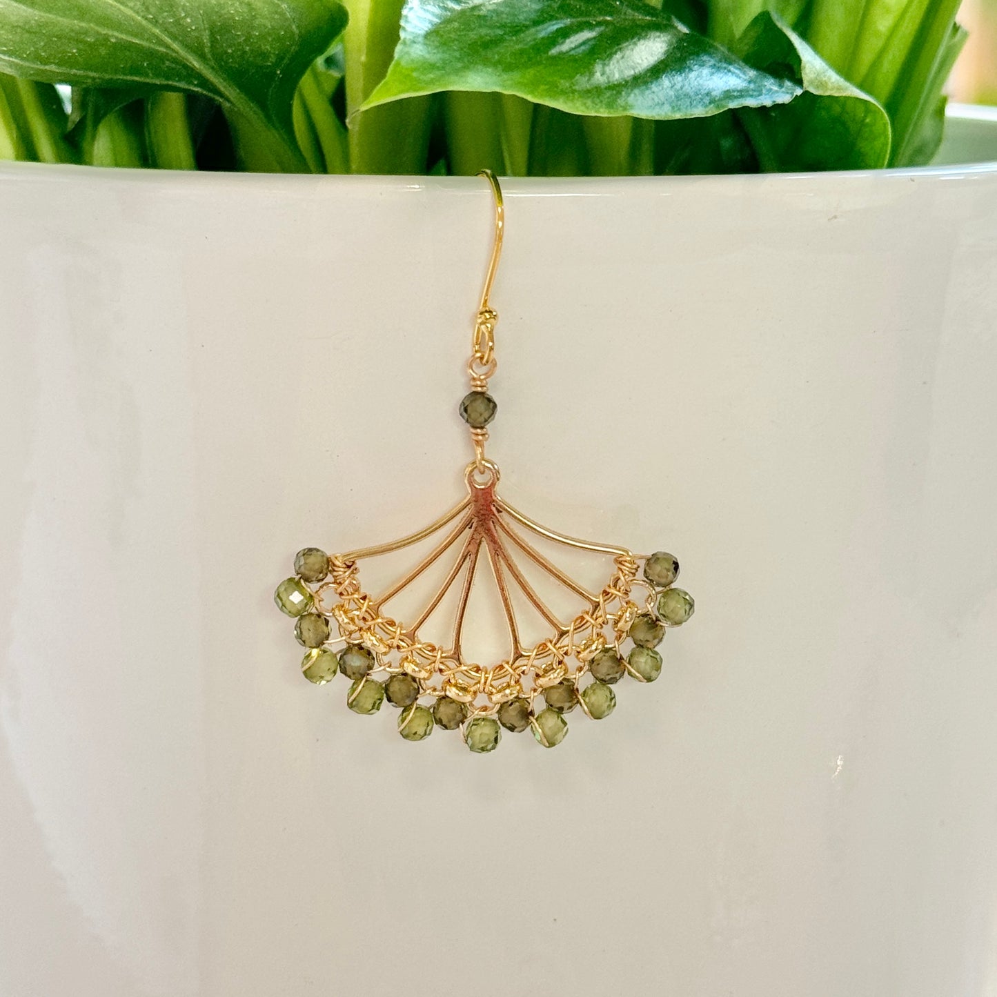 Pale Olive Green Peridot & Dark Peridot Rolo Fan Beaded Earrings