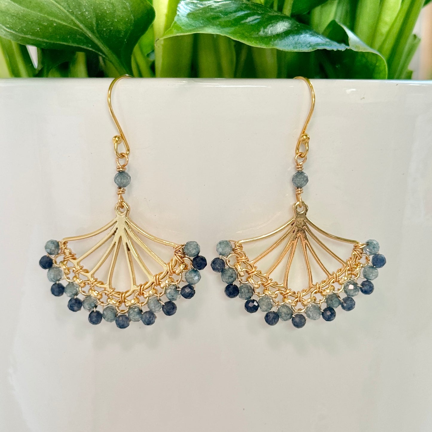Pale Denim Blue Azurite & Dark Denim Blue Iolite Rolo Fan Beaded Earrings