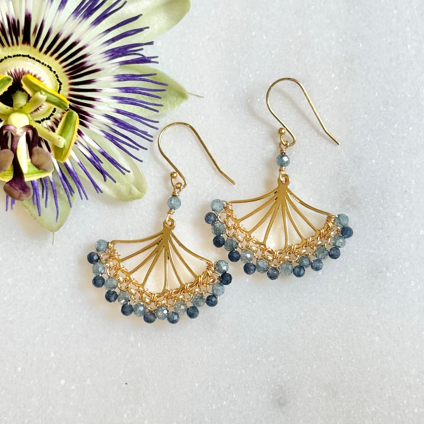 Pale Denim Blue Azurite & Dark Denim Blue Iolite Rolo Fan Beaded Earrings