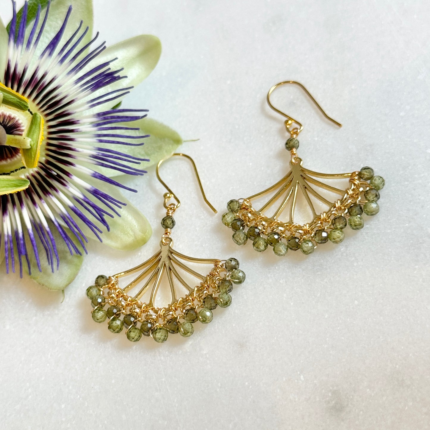 Pale Olive Green Peridot & Dark Peridot Rolo Fan Beaded Earrings