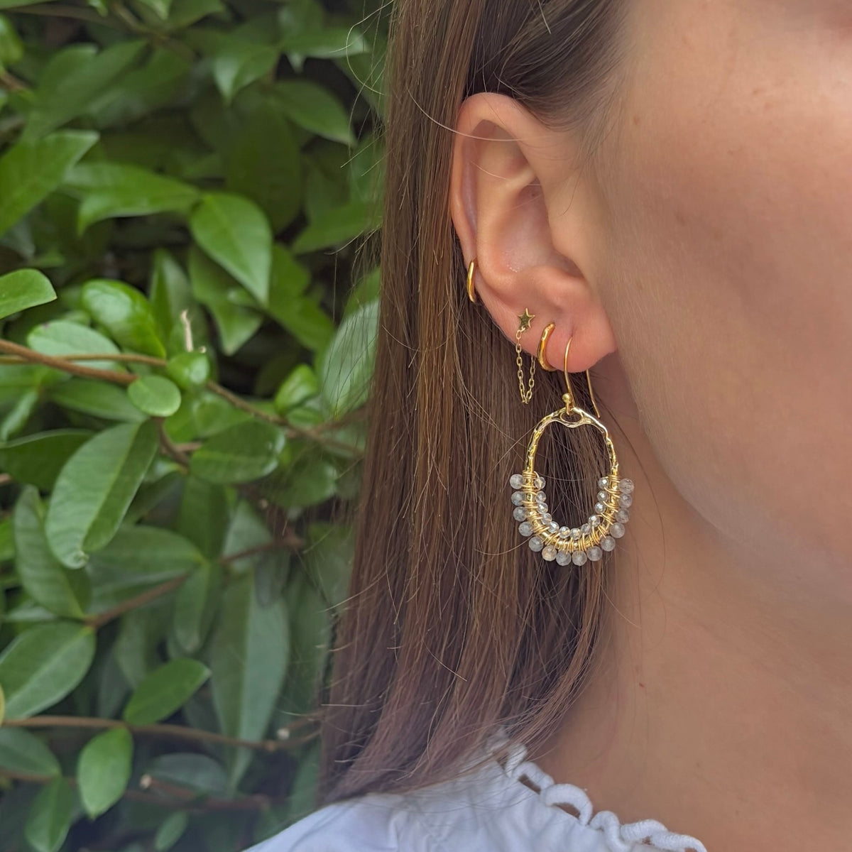 Grey Labradorite 1/2 Oval Beaded Earrings