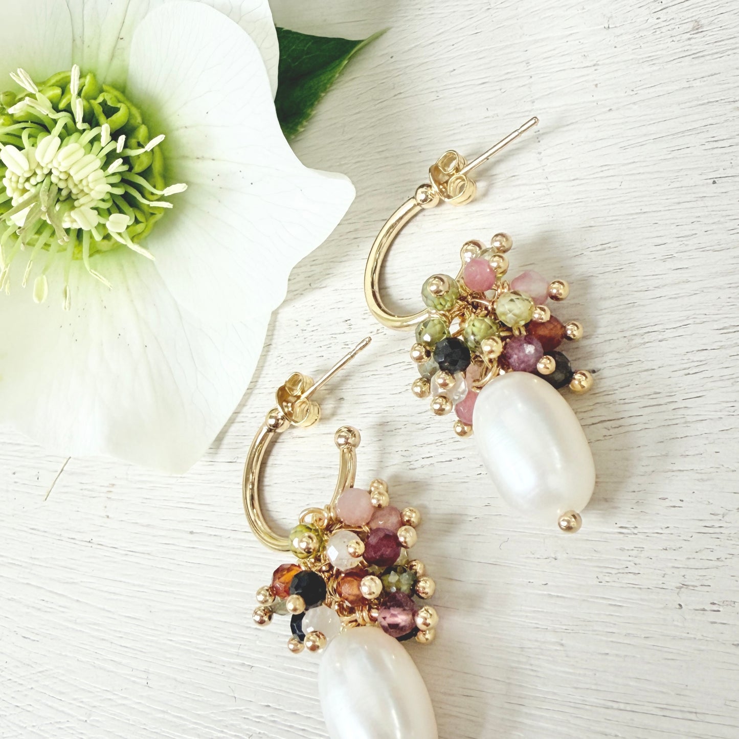 Mini Hoop Earrings With Ibiza Pearl & Mixed Autumn Tourmaline Drops