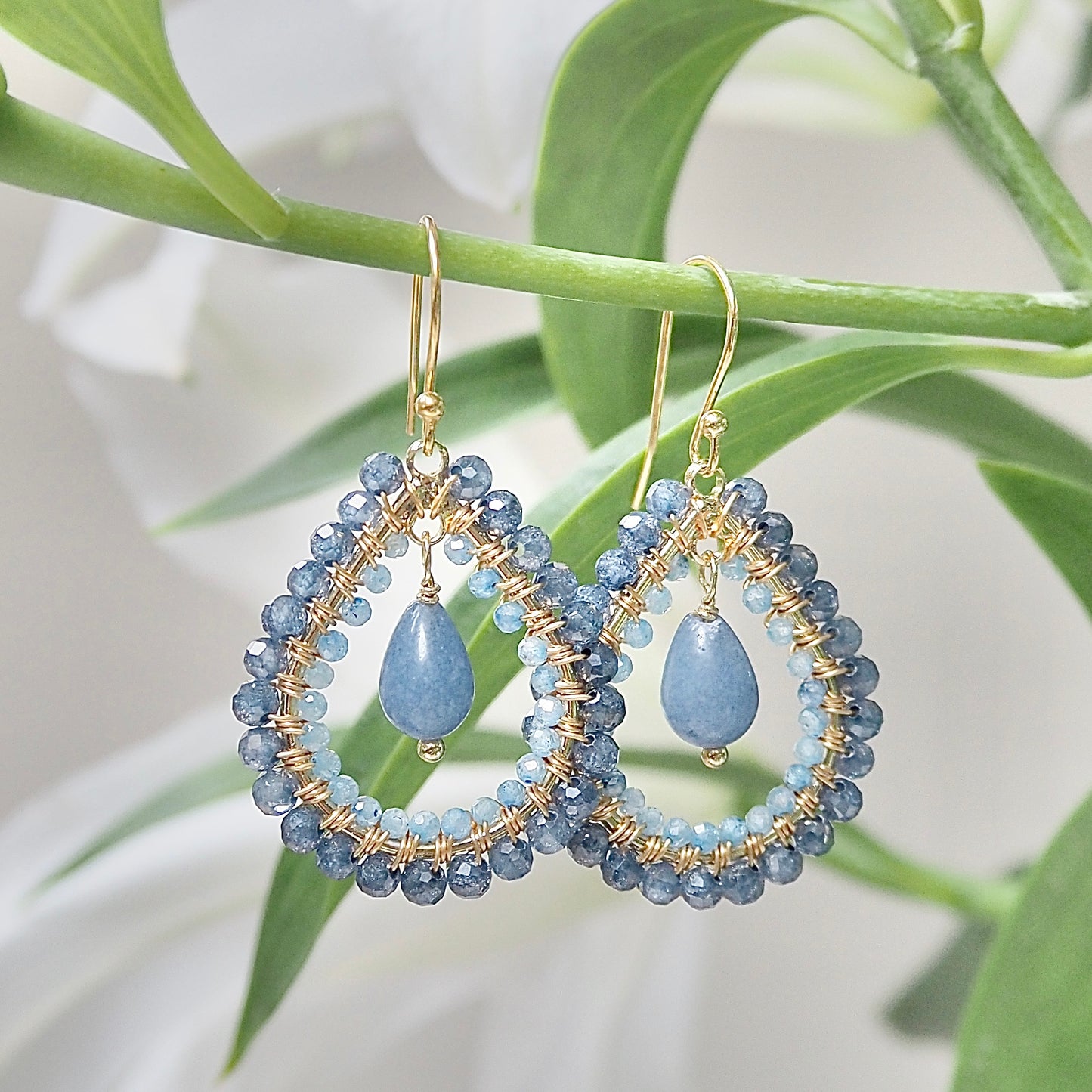*Airforce Blue Quartz Double Beaded Midi Teardrops With Denim Chalcedony Drop