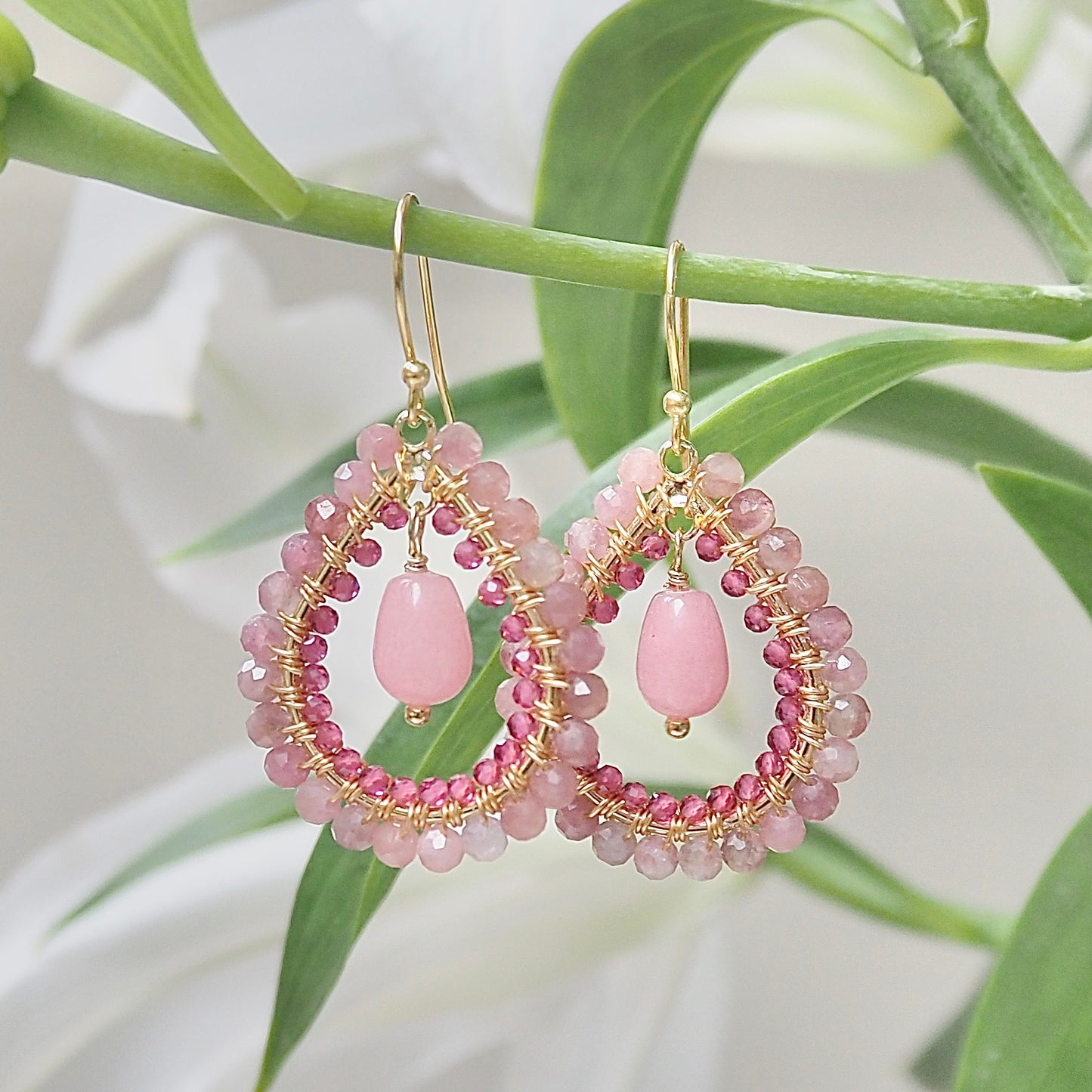 *Dusky Pink Tourmaline Double Beaded Midi Teardrops With Pink Chalcedony Drop