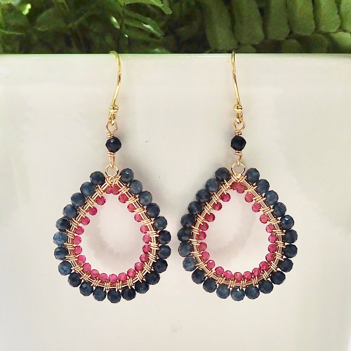 *Dark Denim Iolite & Fuchsia Pink Garnet Double Beaded Midi Teardrop Earrings