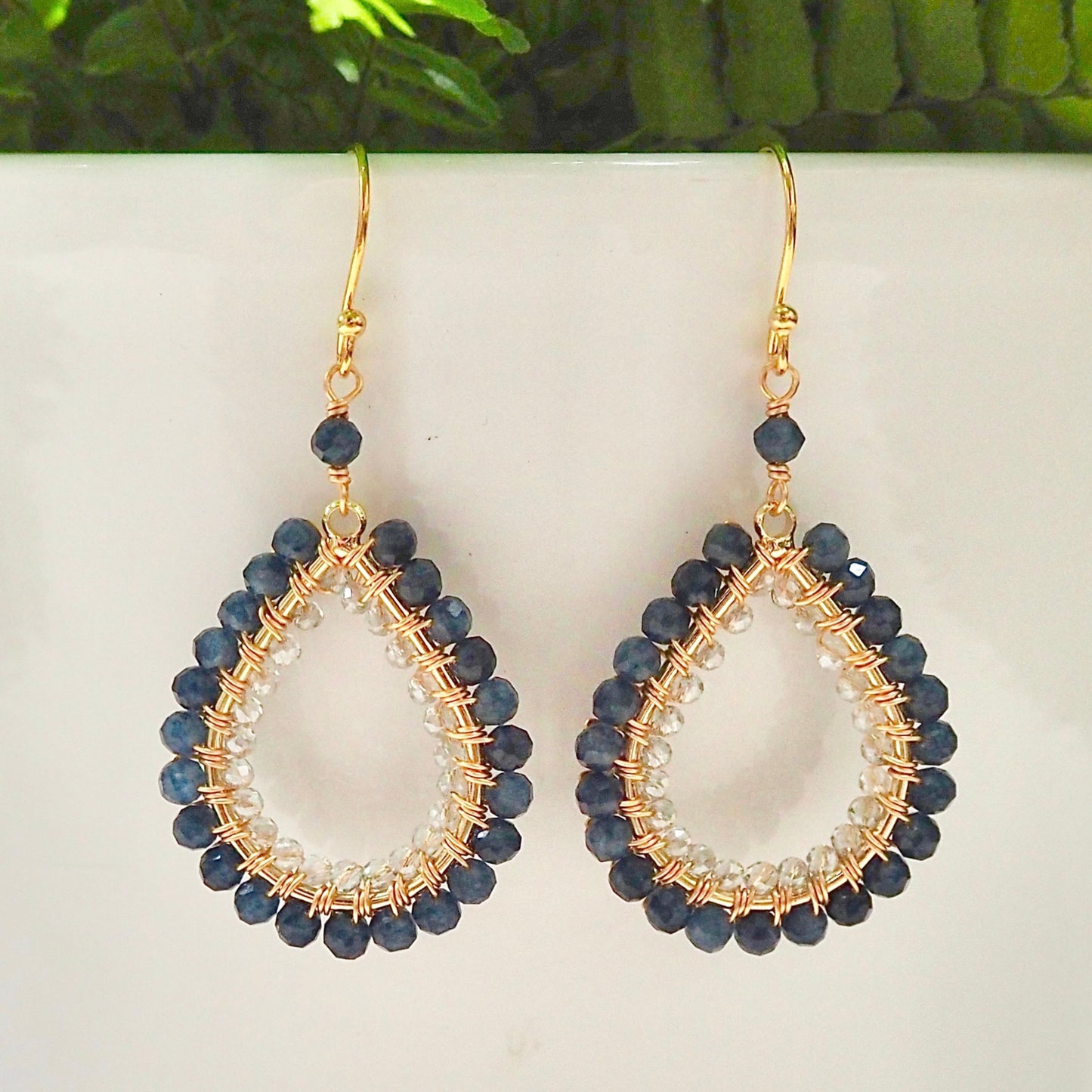 *Dark Denim Iolite & Crystal Double Beaded Midi Teardrop Earrings
