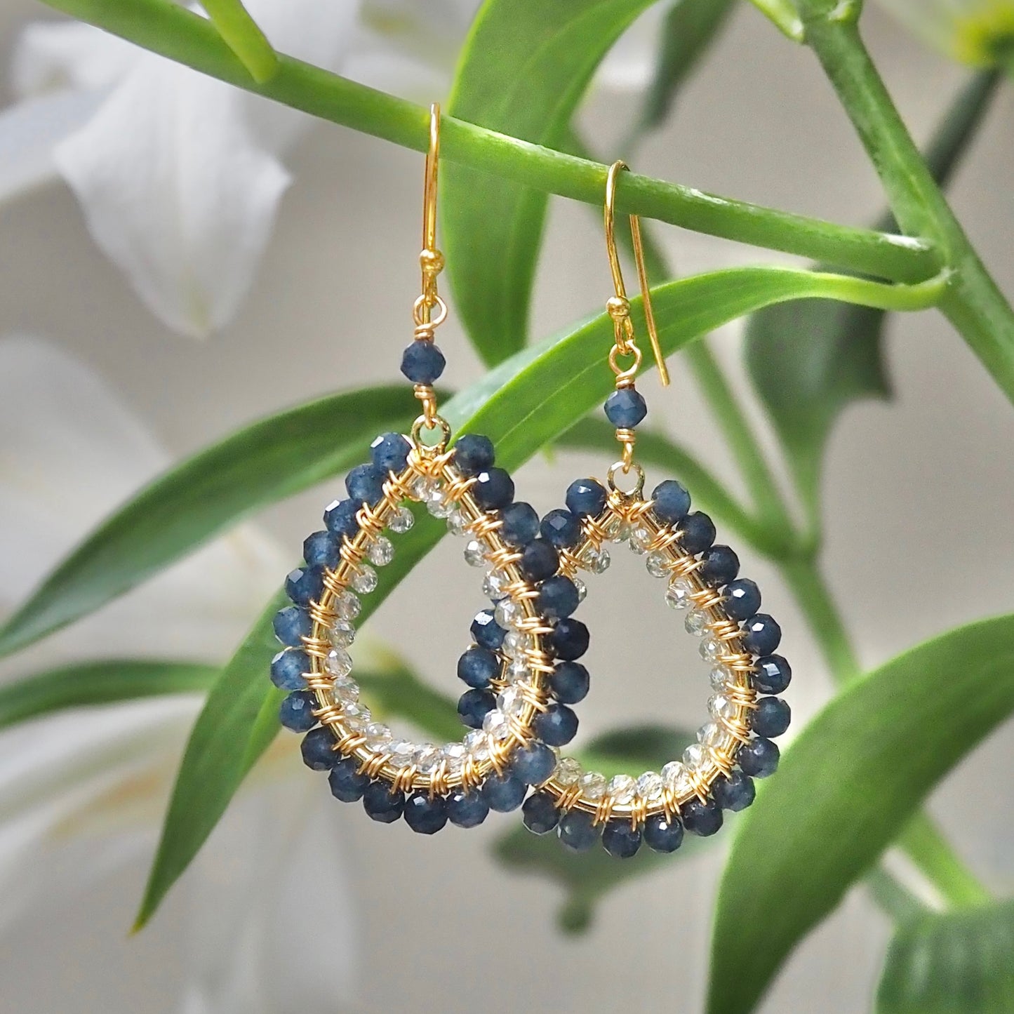 *Dark Denim Iolite & Crystal Double Beaded Midi Teardrop Earrings