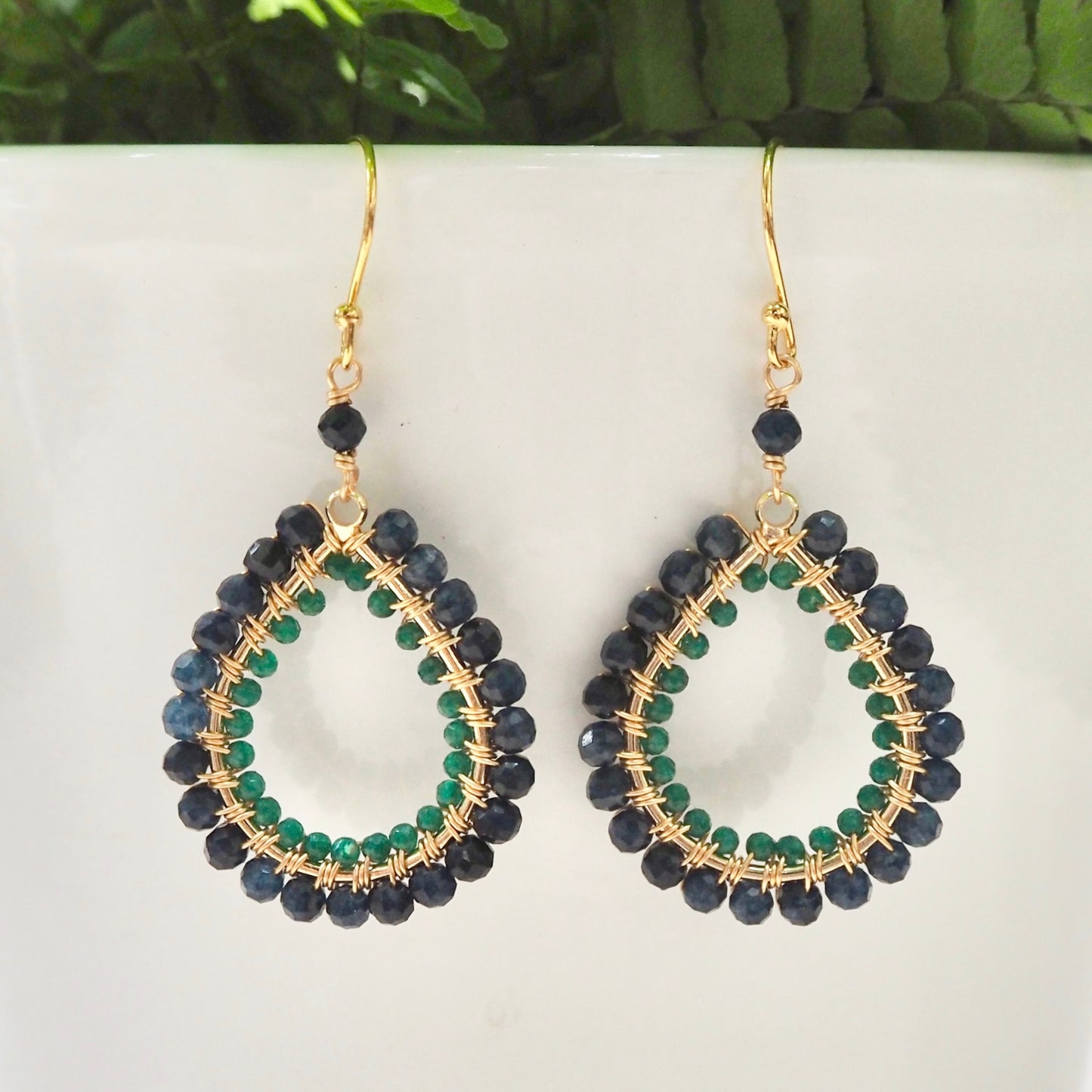*Dark Denim Iolite & Mid Emerald Green Jade Double Beaded Midi Teardrop Earrings