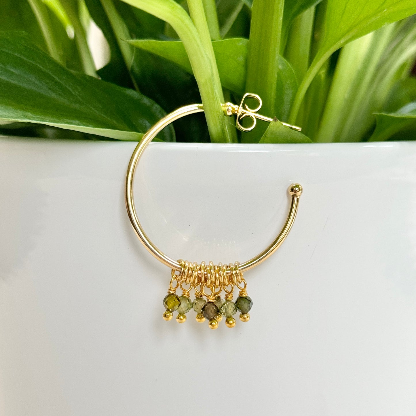 Olive Green Peridot 7-Bead Midi Hoop Earrings
