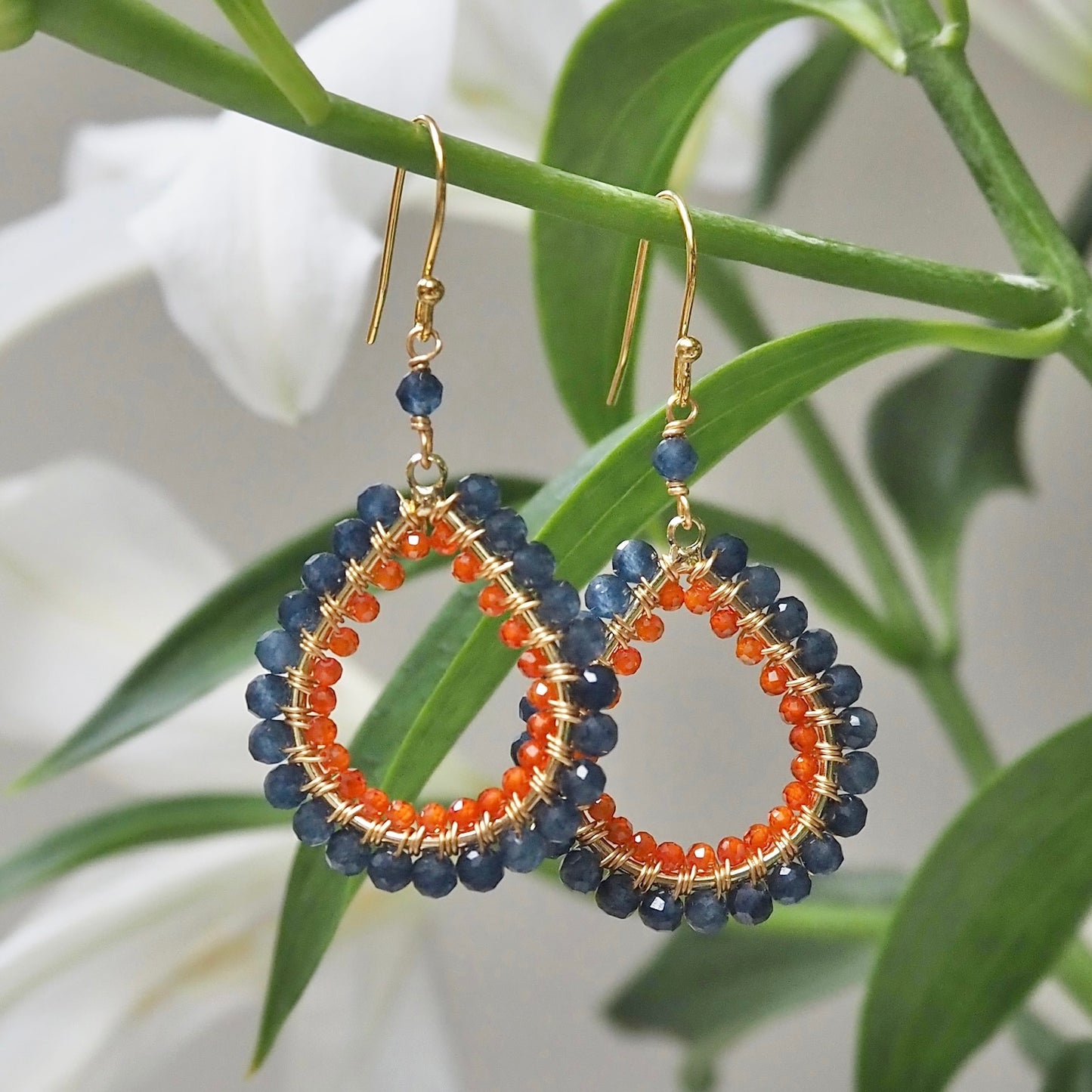 *Dark Denim Iolite & Orange Carnelian Double Beaded Midi Teardrop Earrings