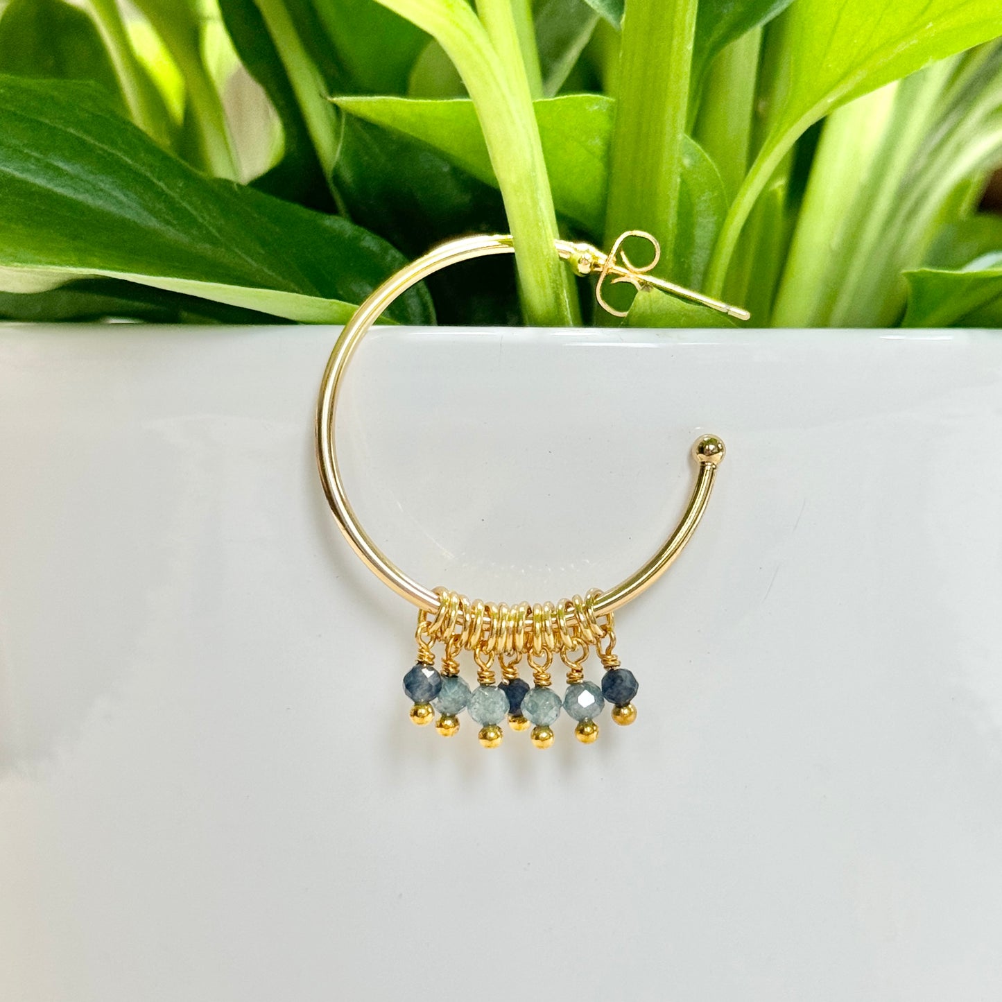 Pale Denim Blue Azurite & Dark Denim Iolite 7-Bead Midi Hoop Earrings
