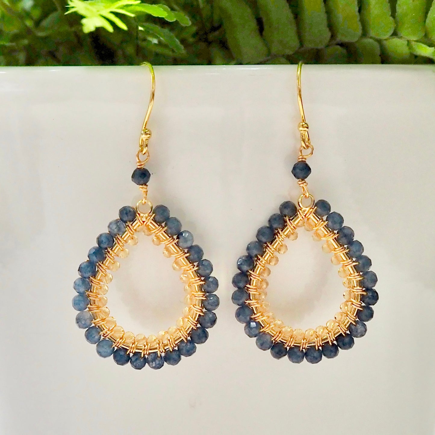 *Royal Blue Azurite & Yellow Citrine Double Beaded Midi Teardrop Earrings
