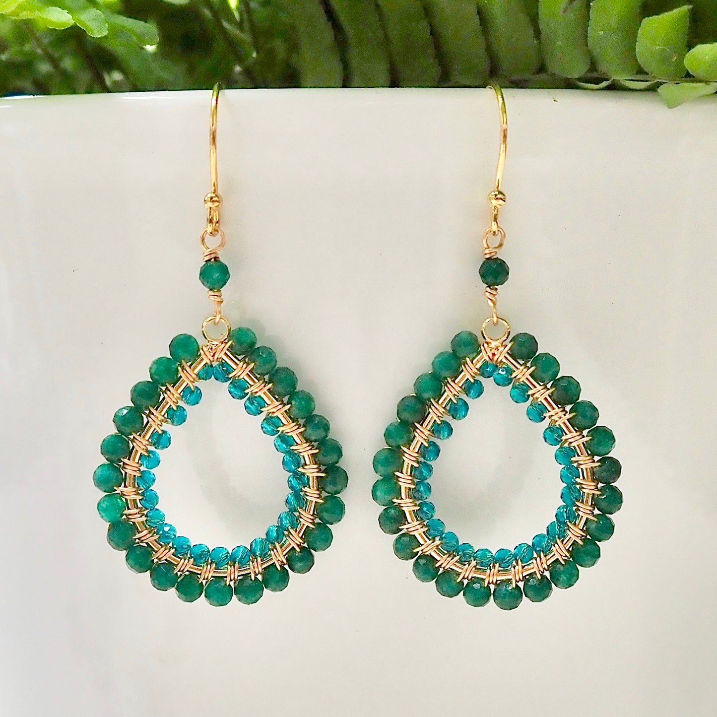 *Mid Emerald Green Jade & Teal Quartz Double Beaded Midi Teardrop Earrings