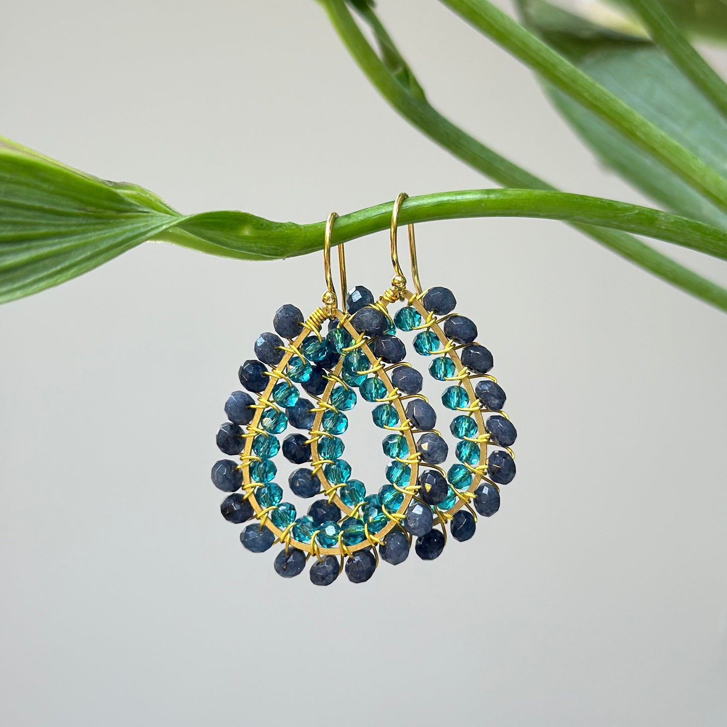 Dark Blue Agate & Aqua Crystal Big Bead Double Teardrop Earrings