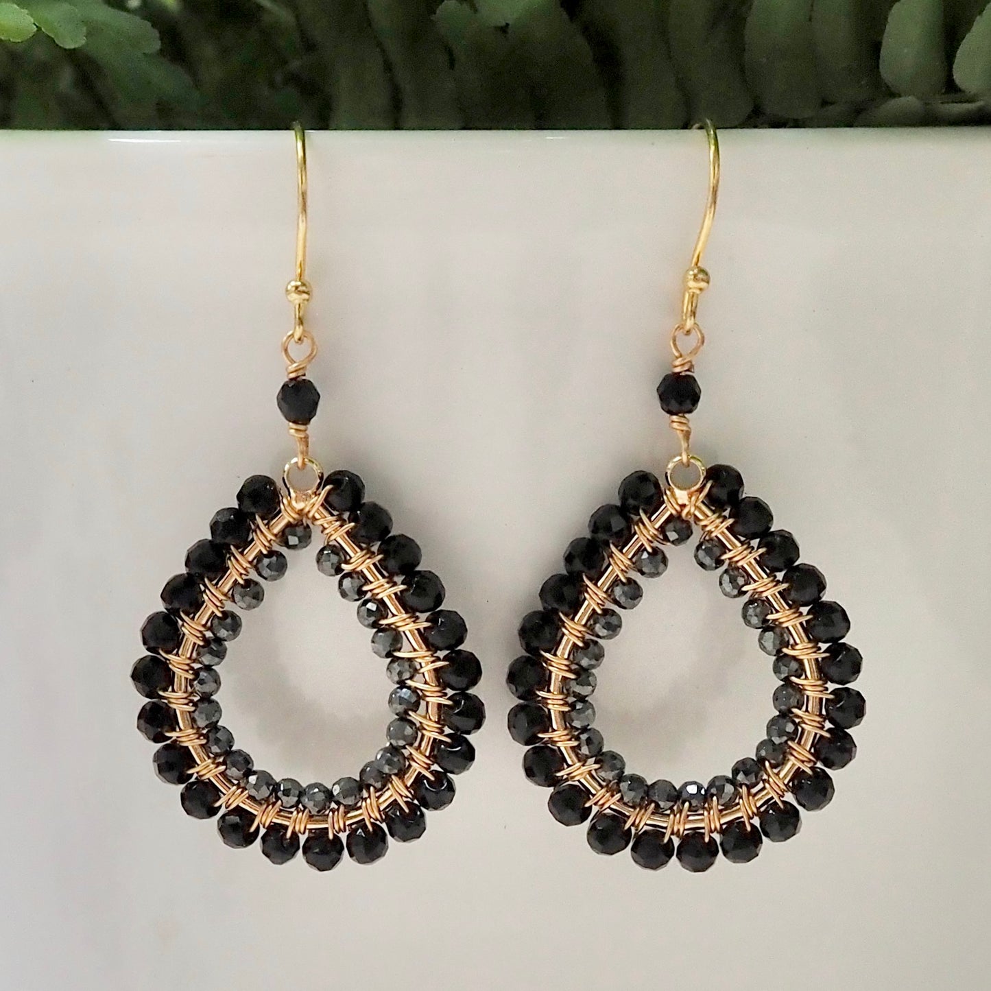 *Black Onyx & Charcoal Grey Hematite Double Beaded Midi Teardrop Earrings