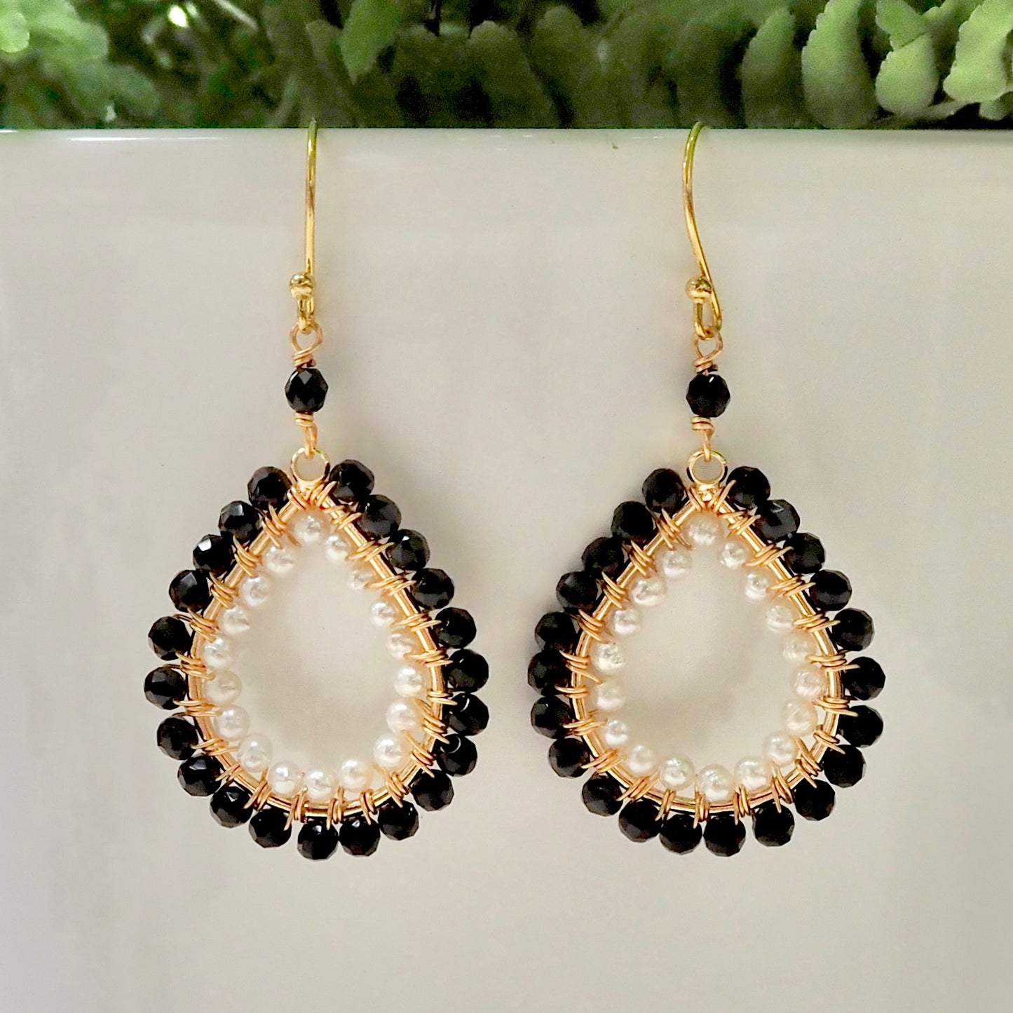*Black Onyx & Freshwater Pearl Double Beaded Midi Teardrop Earrings