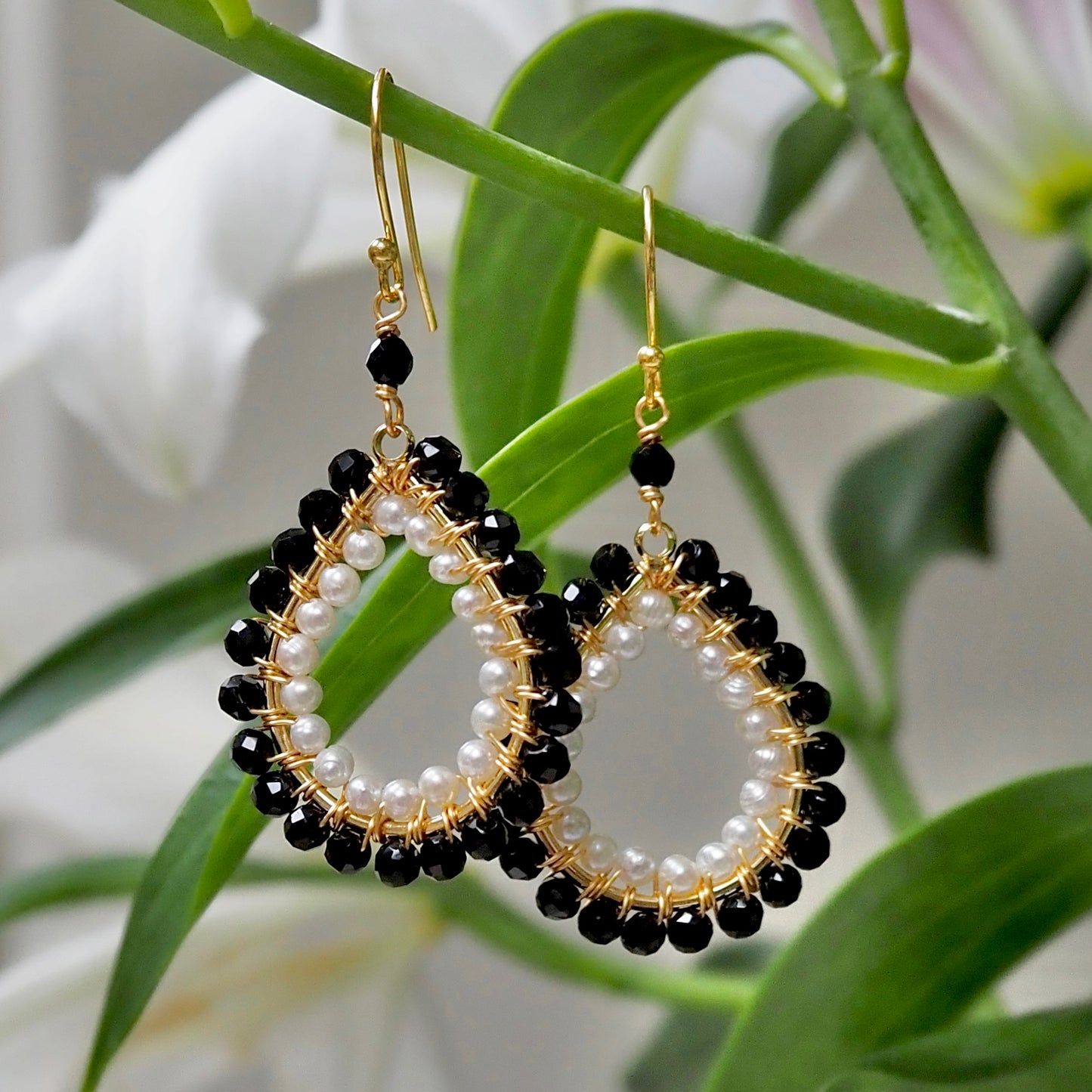 *Black Onyx & Freshwater Pearl Double Beaded Midi Teardrop Earrings
