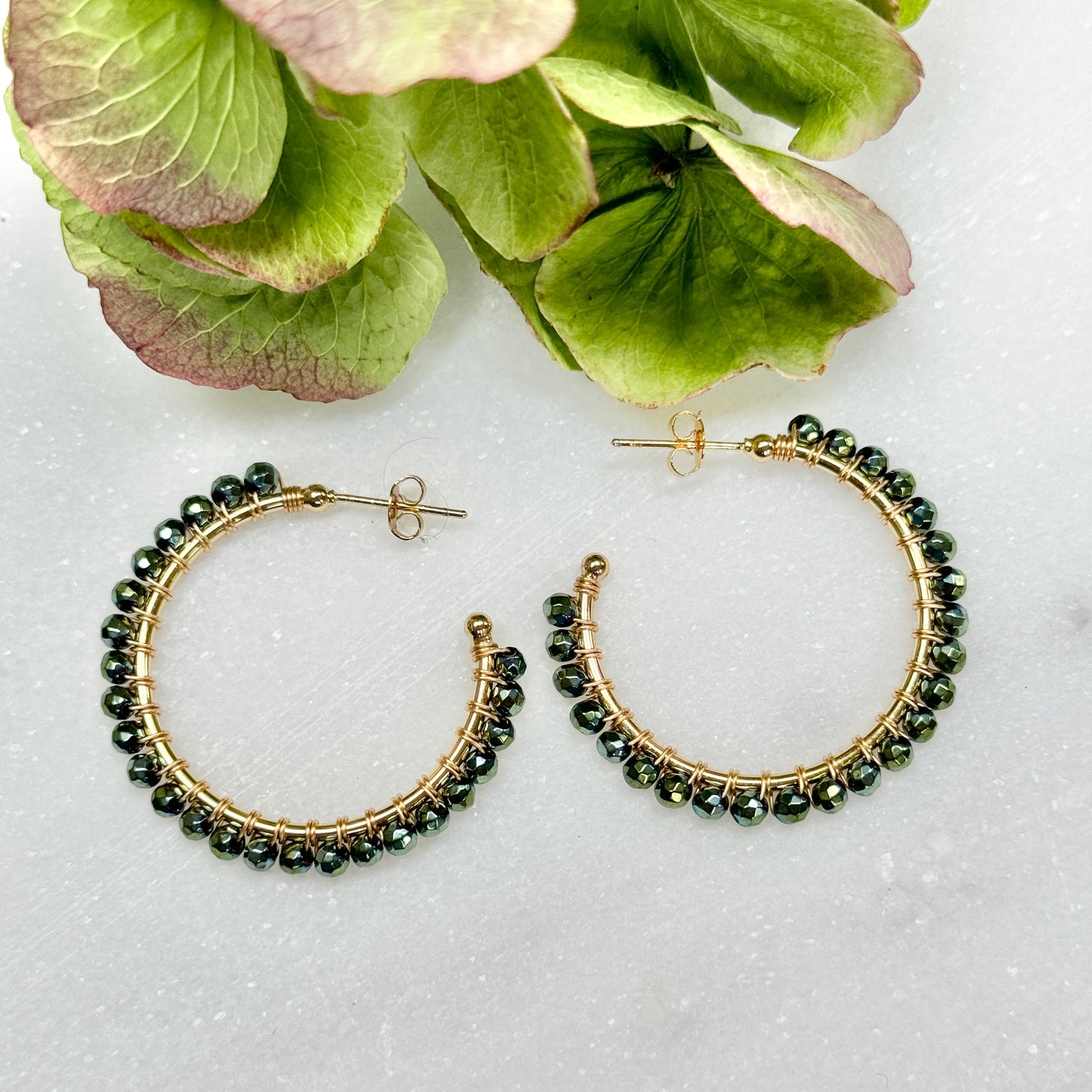 Petrol Green Pyrite Solid Midi Hoop Beaded Earrings