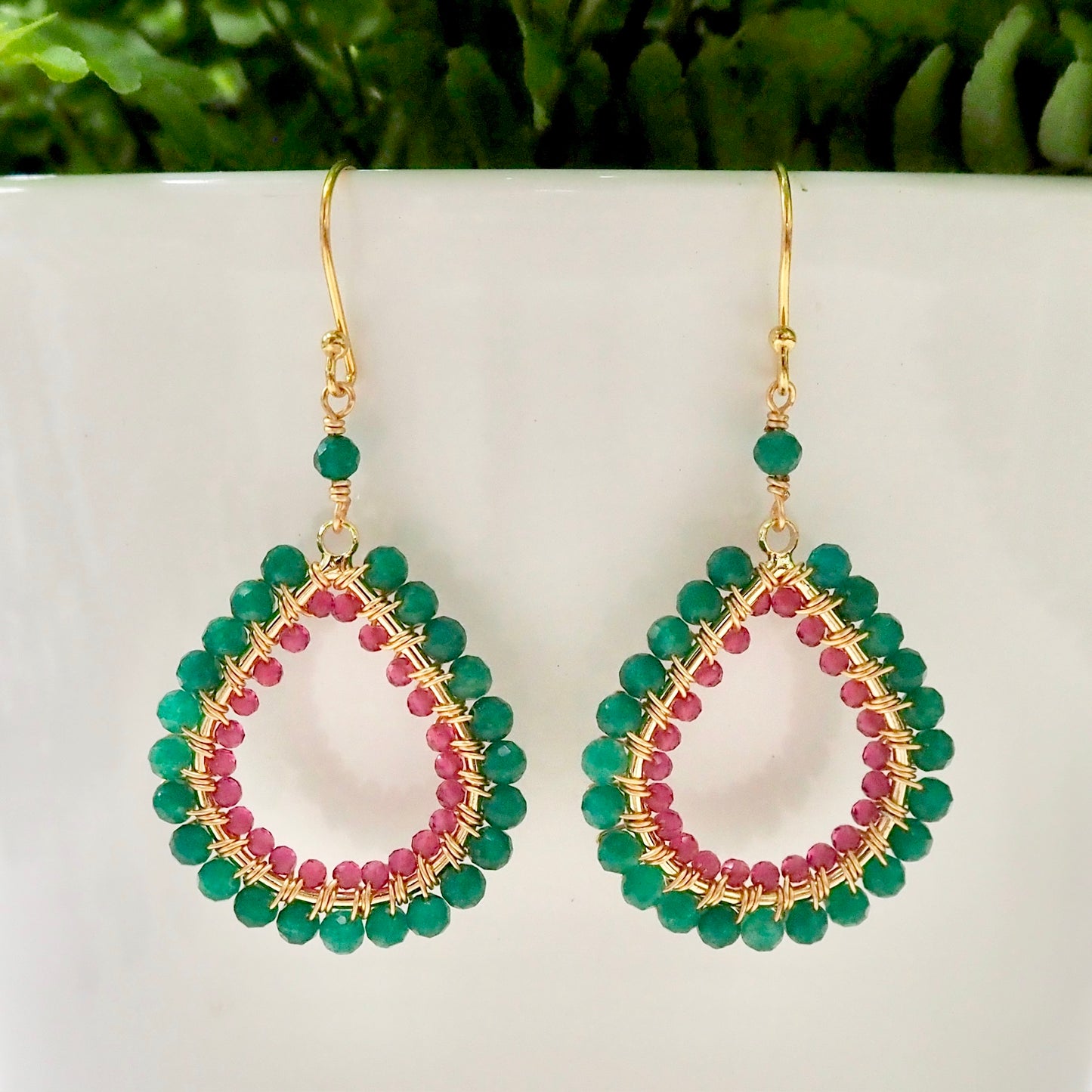 *Mid Emerald Green Jade & Fuchsia Pink Garnet Double Beaded Midi Teardrop Earrings
