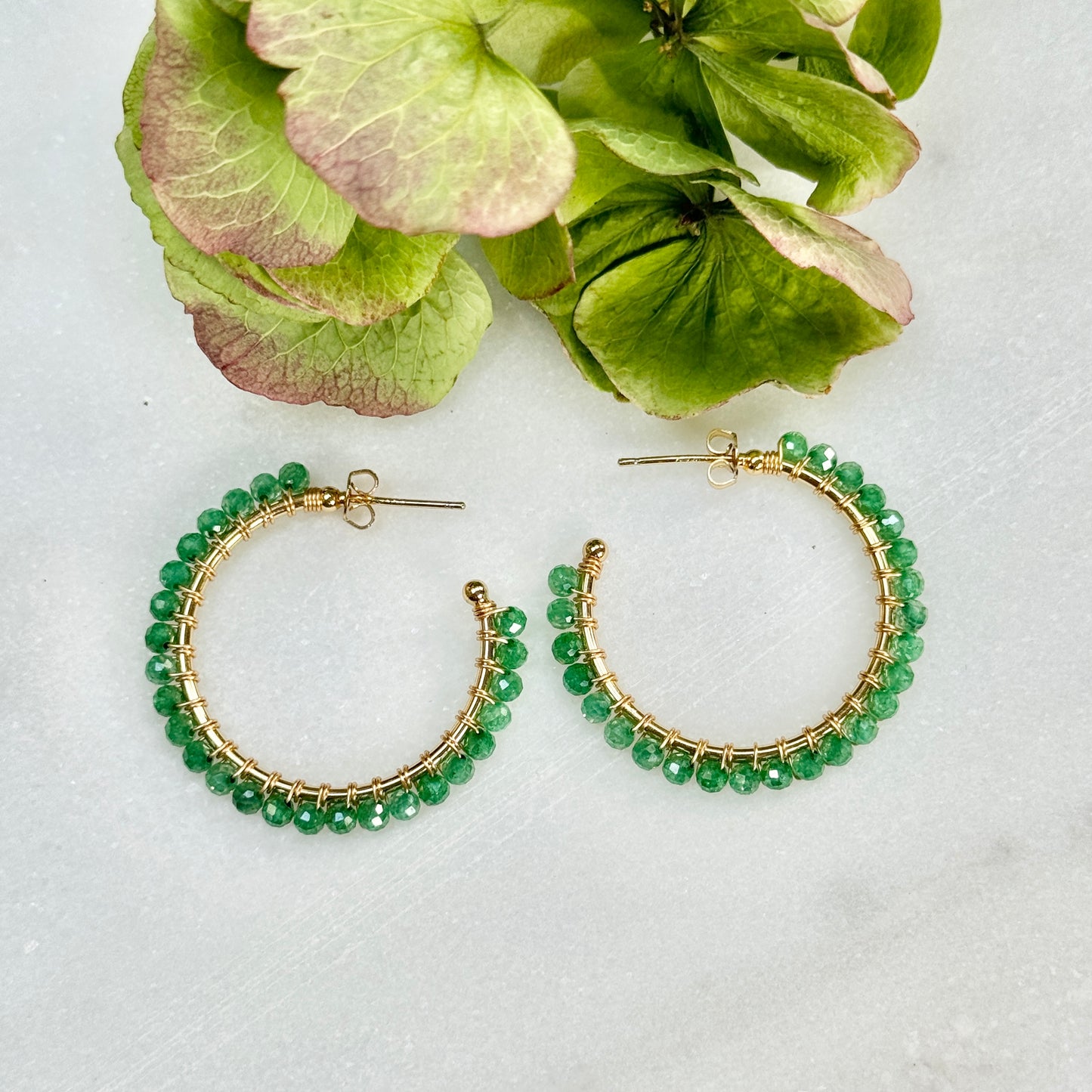 Apple Green Jade Solid Midi Hoop Beaded Earrings