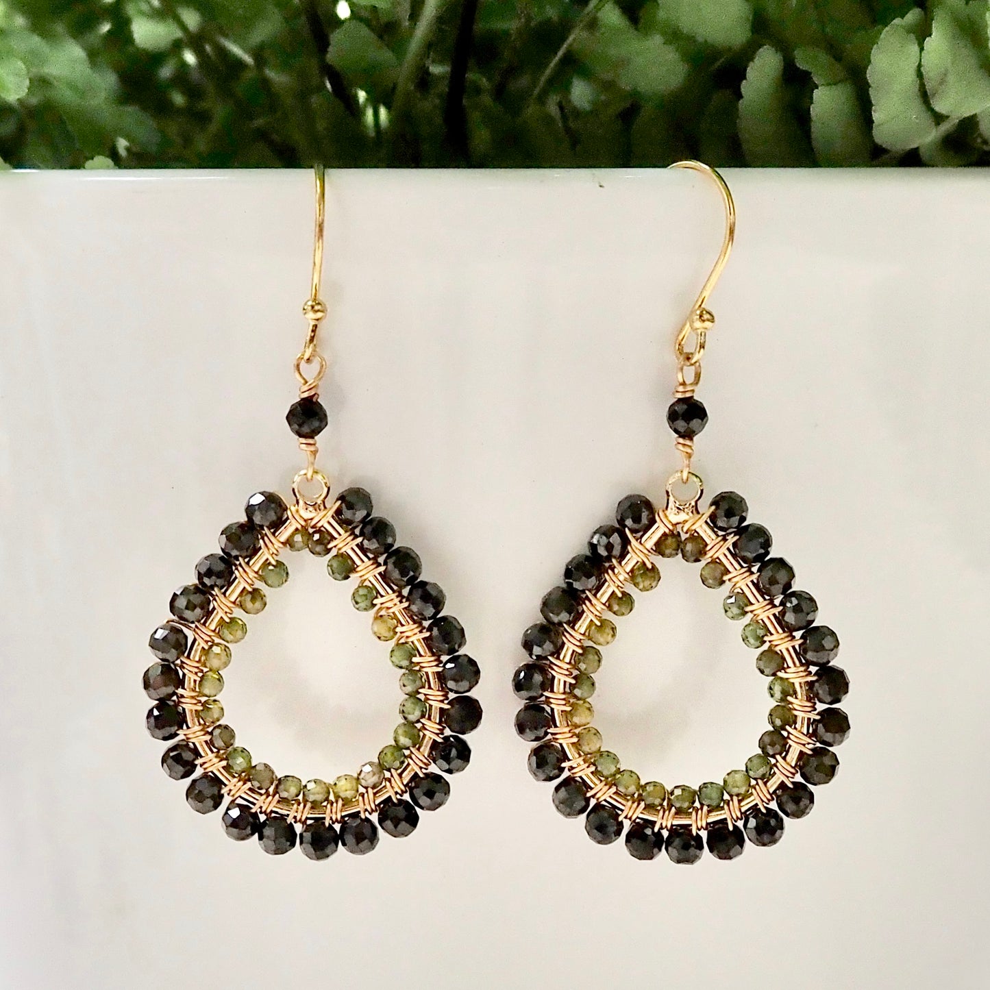*Dark Olive Green Peridot & Mid Peridot Garnet Double Beaded Midi Teardrop Earrings