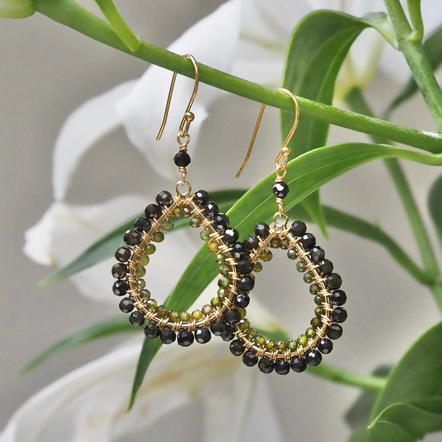 *Dark Olive Green Peridot & Mid Peridot Garnet Double Beaded Midi Teardrop Earrings