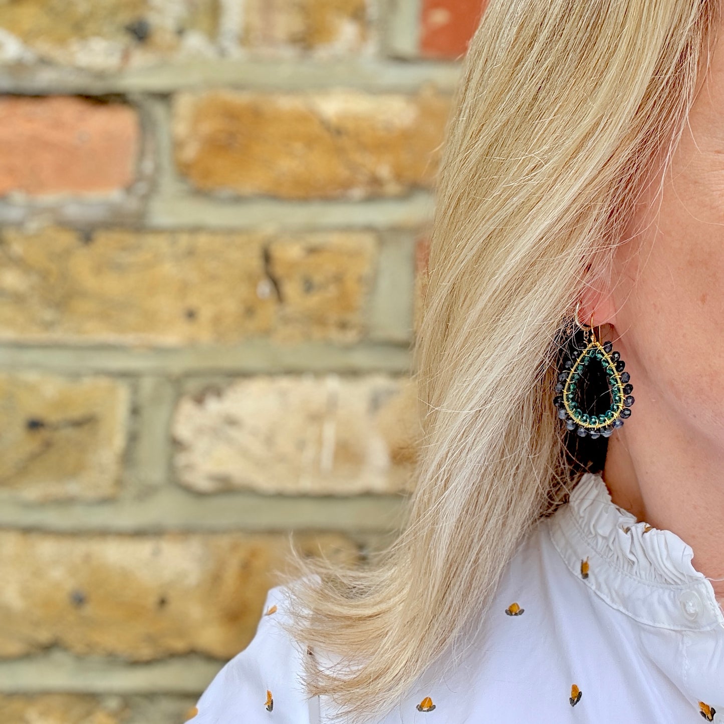 Dark Blue Agate & Aqua Crystal Big Bead Double Teardrop Earrings