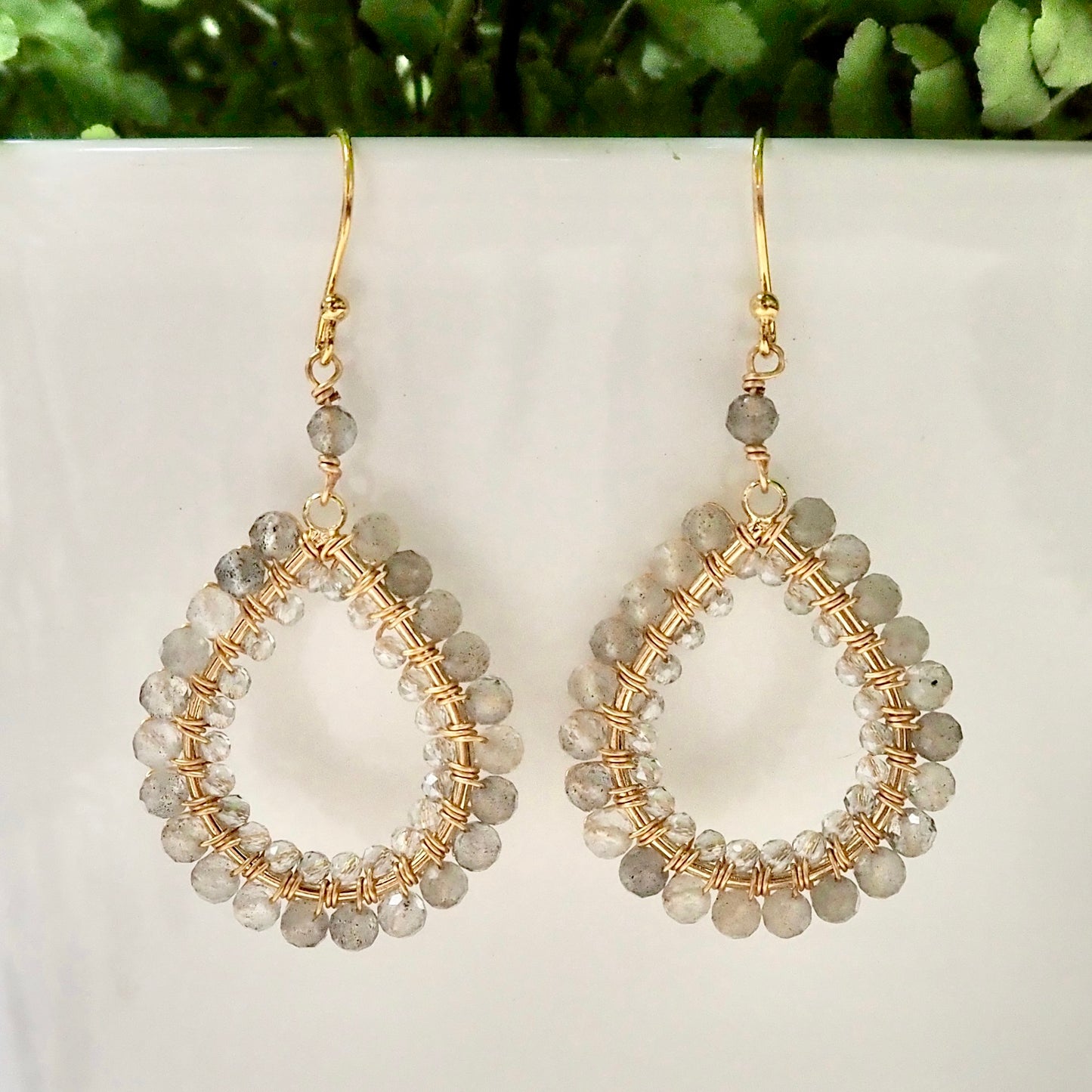 *Grey Labradorite & Taupe Agate Double Beaded Midi Teardrop Earrings