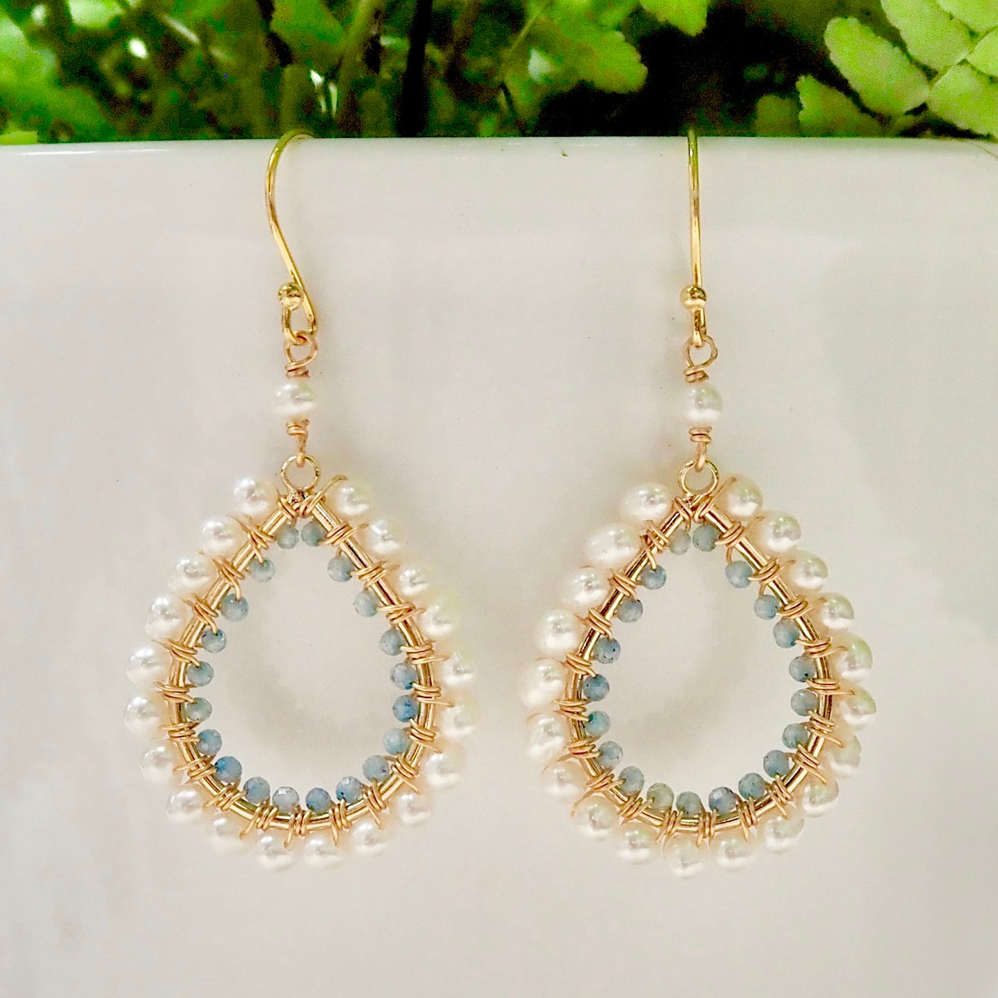 *Freshwater Pearl & Cornflower Blue Kyanite Double Beaded Midi Teardrop Earrings