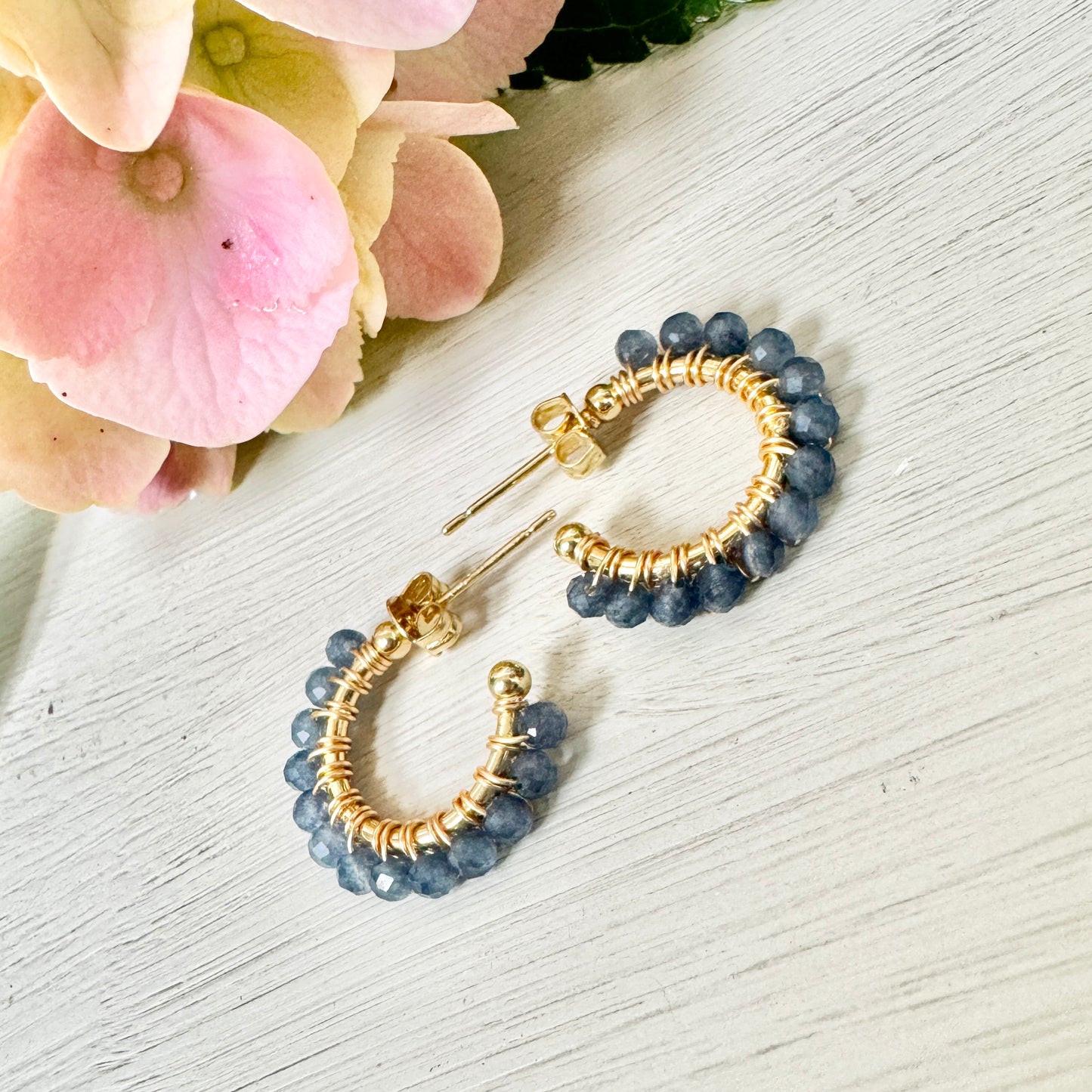Chunky Dark Denim Blue Iolite Mini Hoop Beaded Earrings