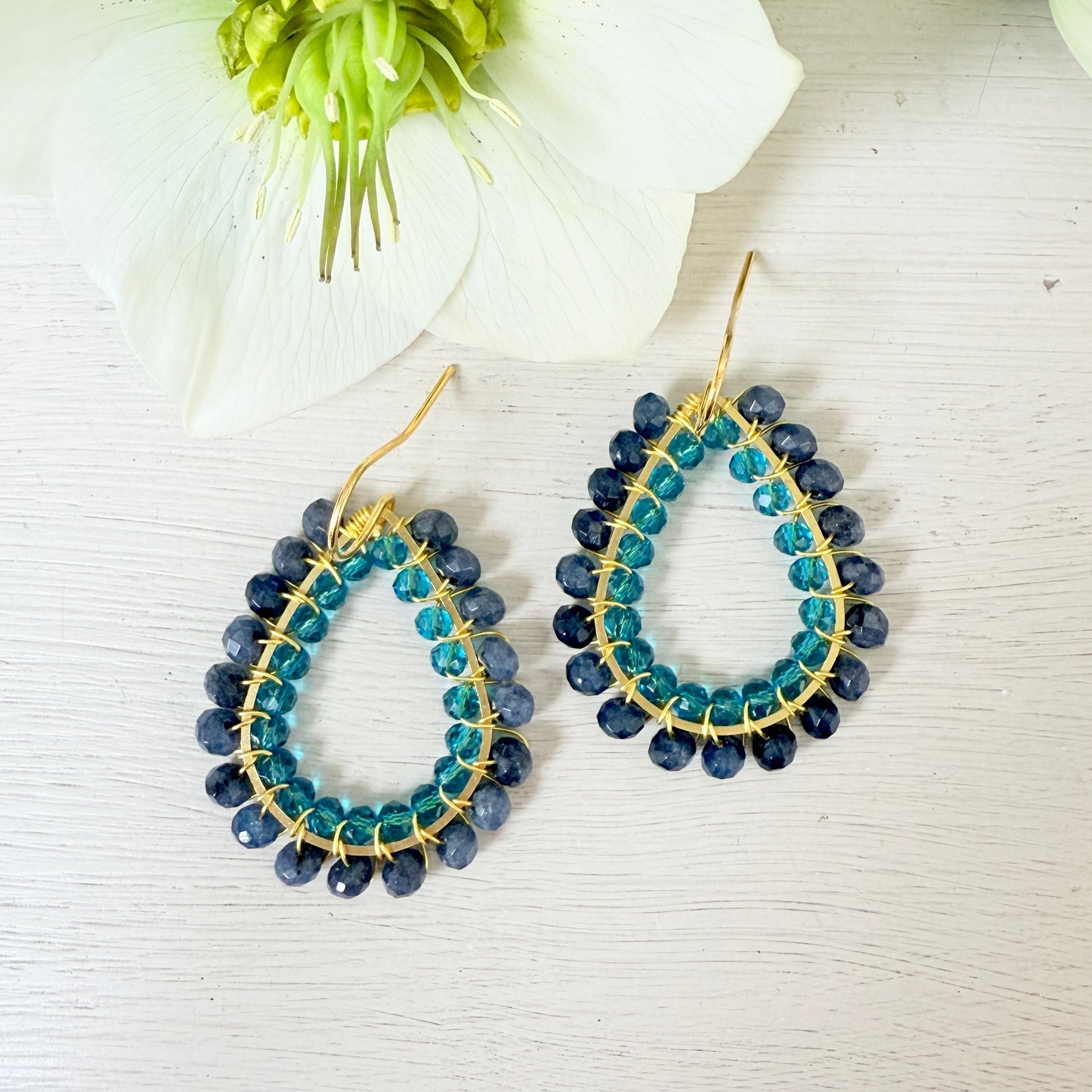 Dark Blue Agate & Aqua Crystal Big Bead Double Teardrop Earrings