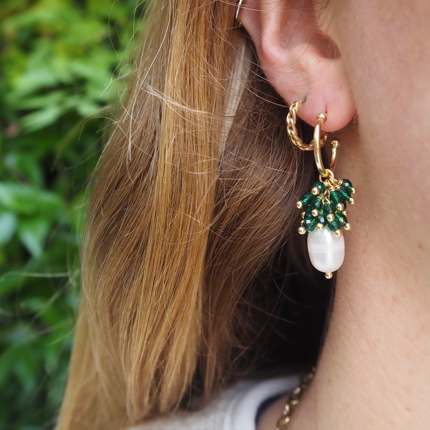 Mini Hoop Earrings With Ibiza Pearl & Burgundy Garnet Drops