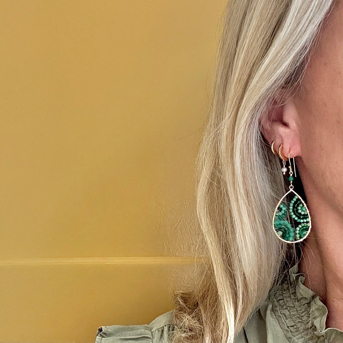 Mandala Emerald Green Jade & Mint Jade Beaded Teardrop Earrings