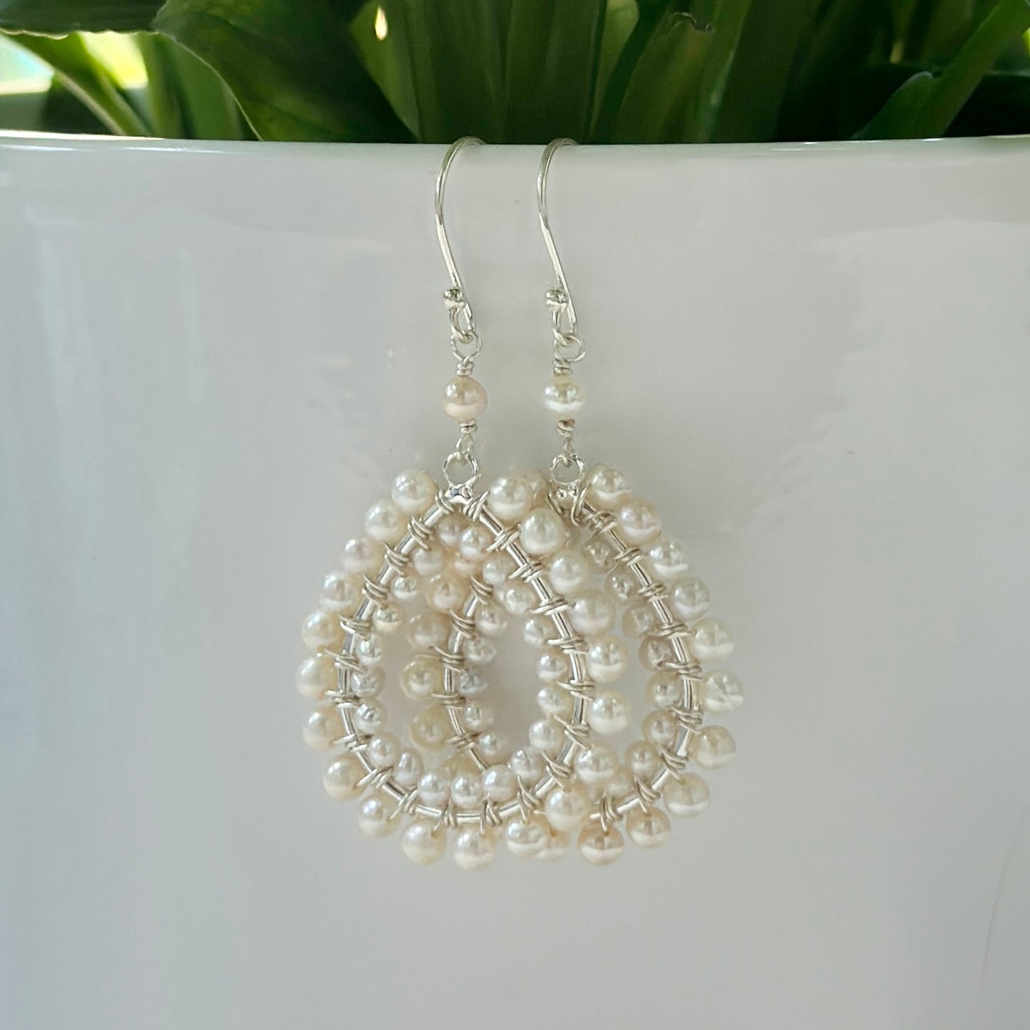 Freshwater Pearl Double Beaded Midi Teardrop Earrings (Silver)
