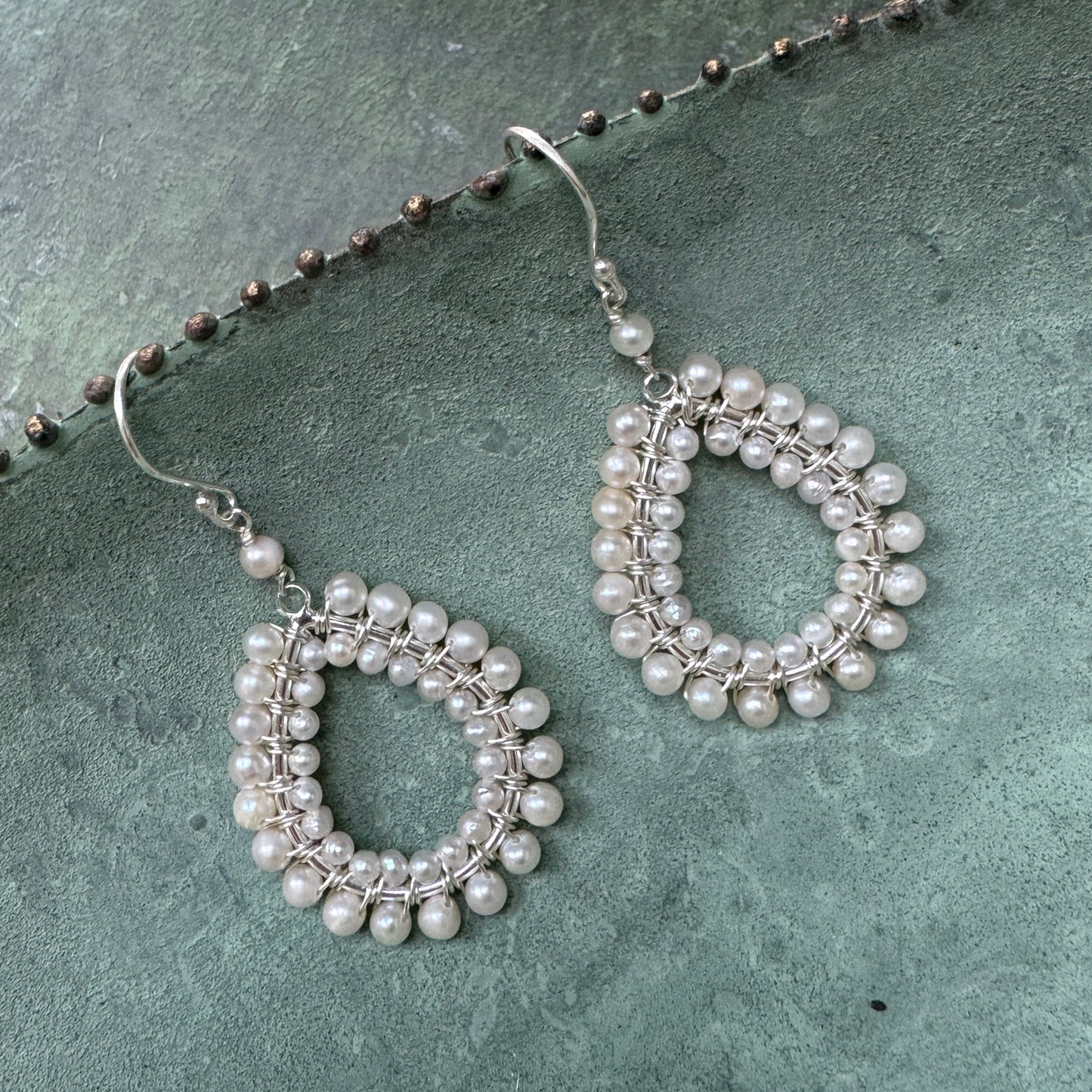 Freshwater Pearl Double Beaded Midi Teardrop Earrings (Silver)