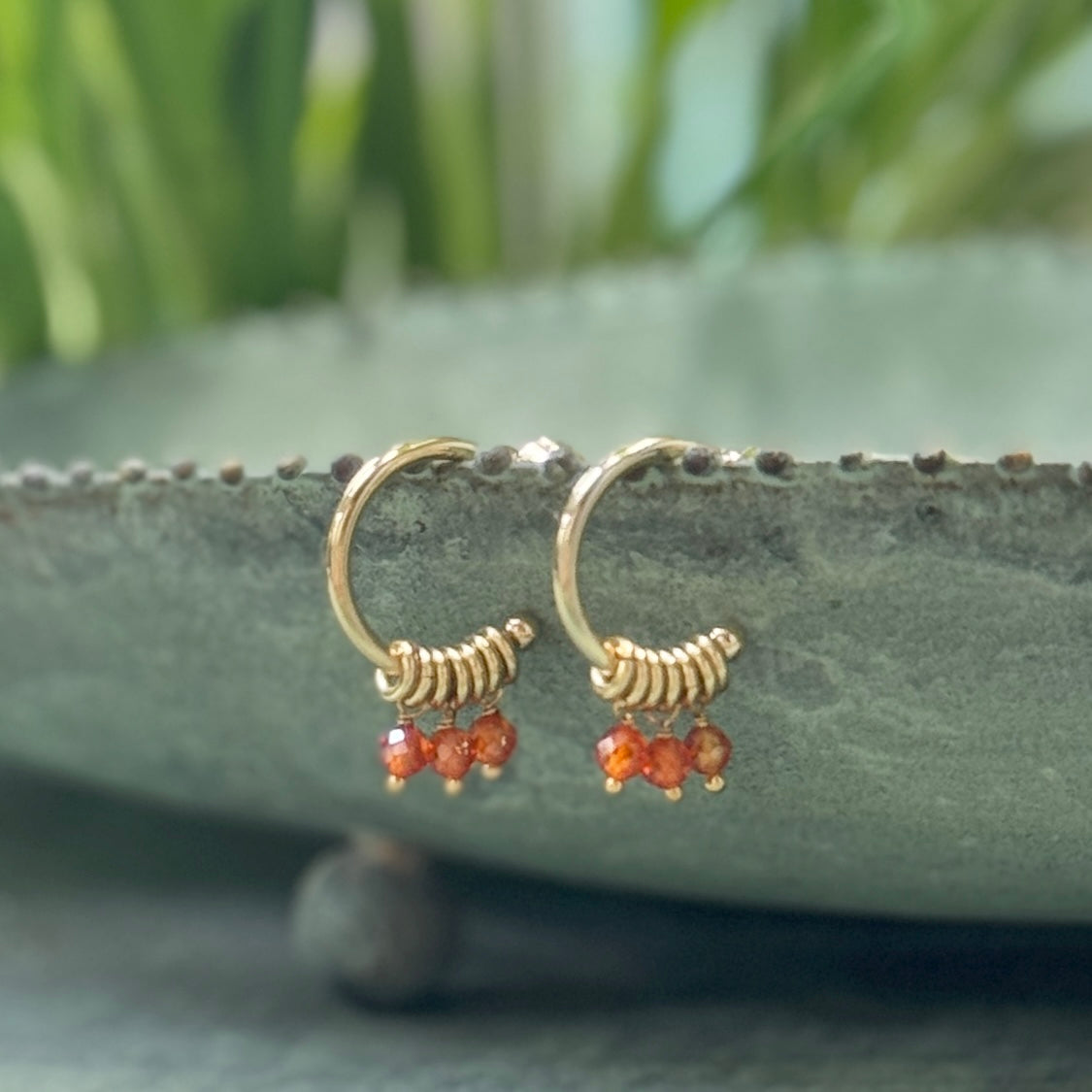 Orange Carnelian 3-Bead Mini Hoop Earrings