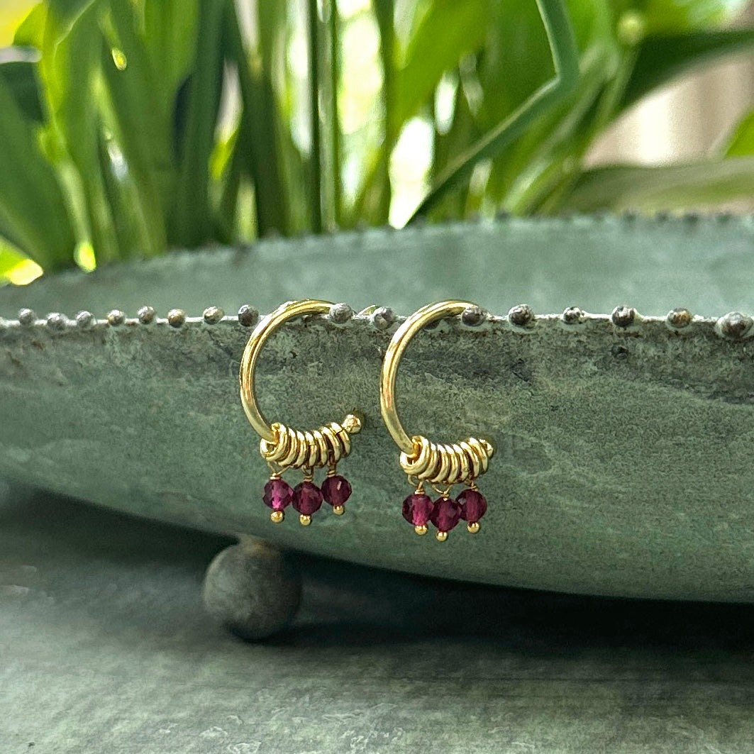 Fuchsia Pink Garnet 3-Bead Mini Hoop Earrings