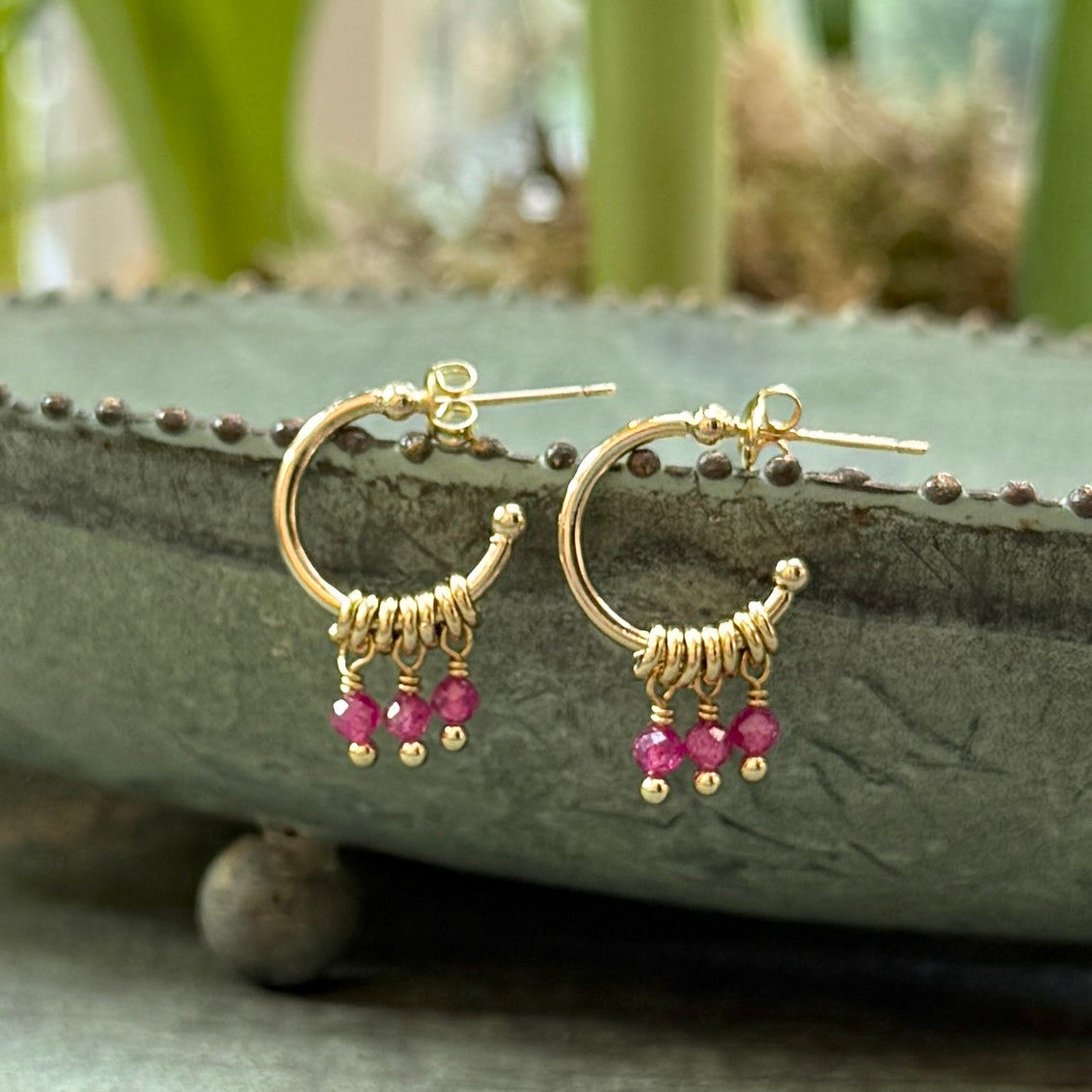 Magenta Pink Garnet 3-Bead Mini Hoop Earrings