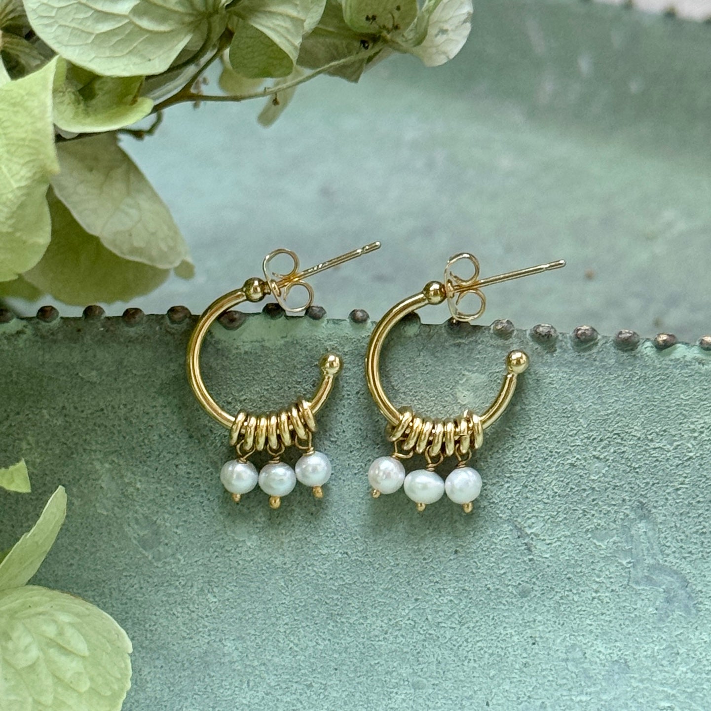 Freshwater Pearl 3-Bead Mini Hoop Earrings