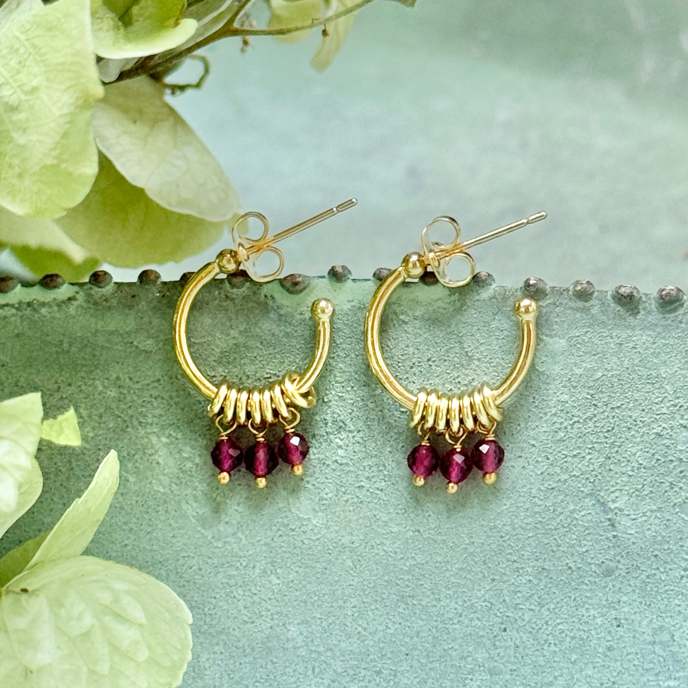 Fuchsia Pink Garnet 3-Bead Mini Hoop Earrings