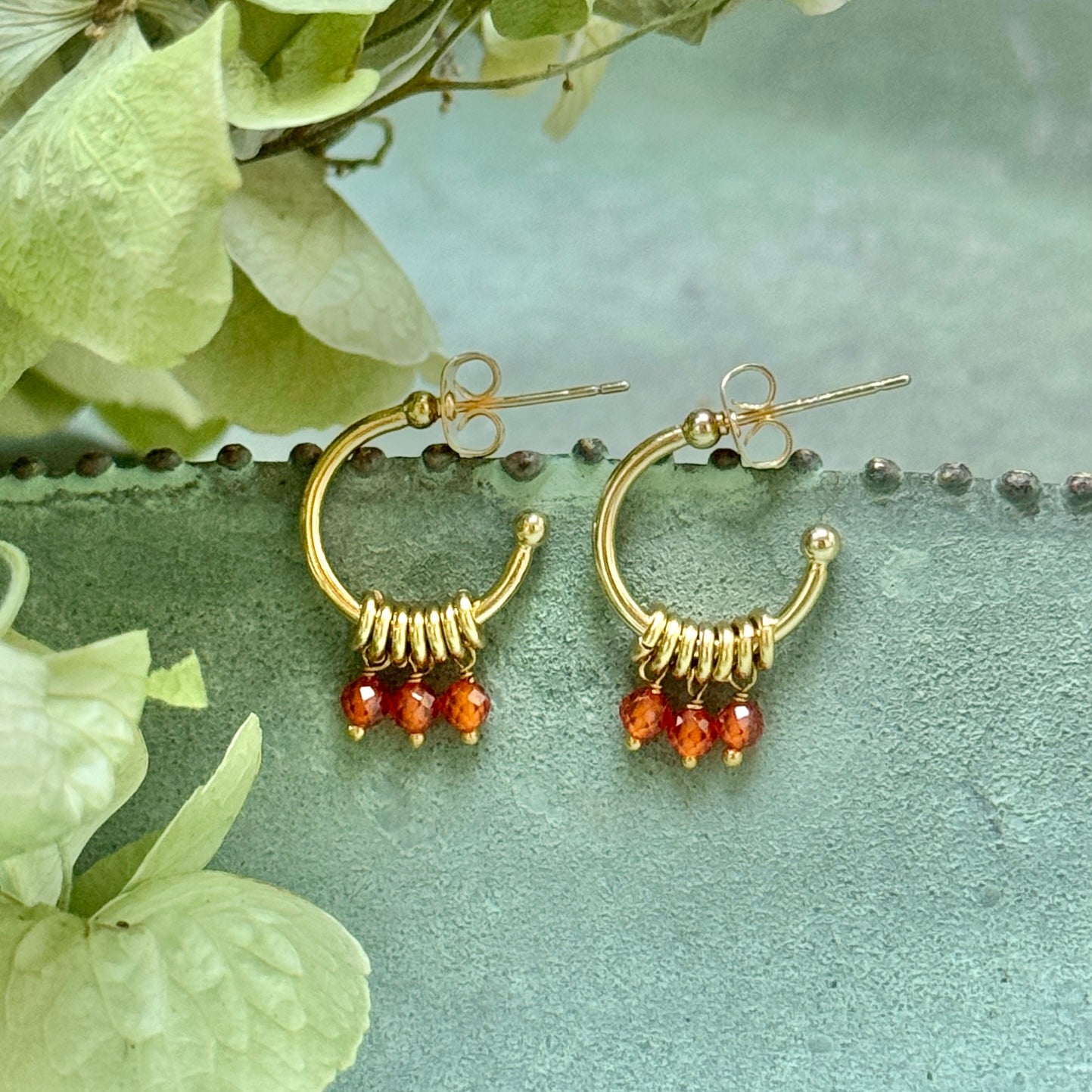 Orange Carnelian 3-Bead Mini Hoop Earrings