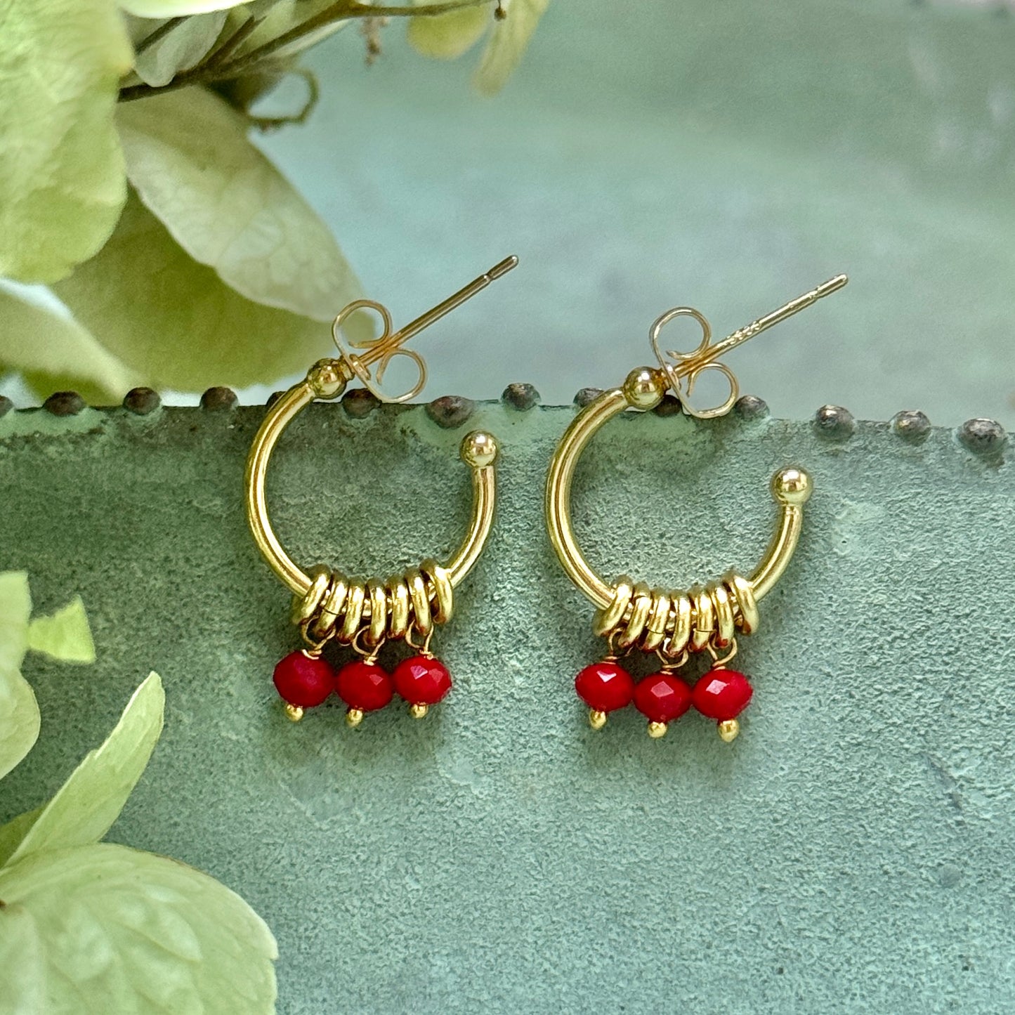 Red Jade 3-Bead Mini Hoop Earrings