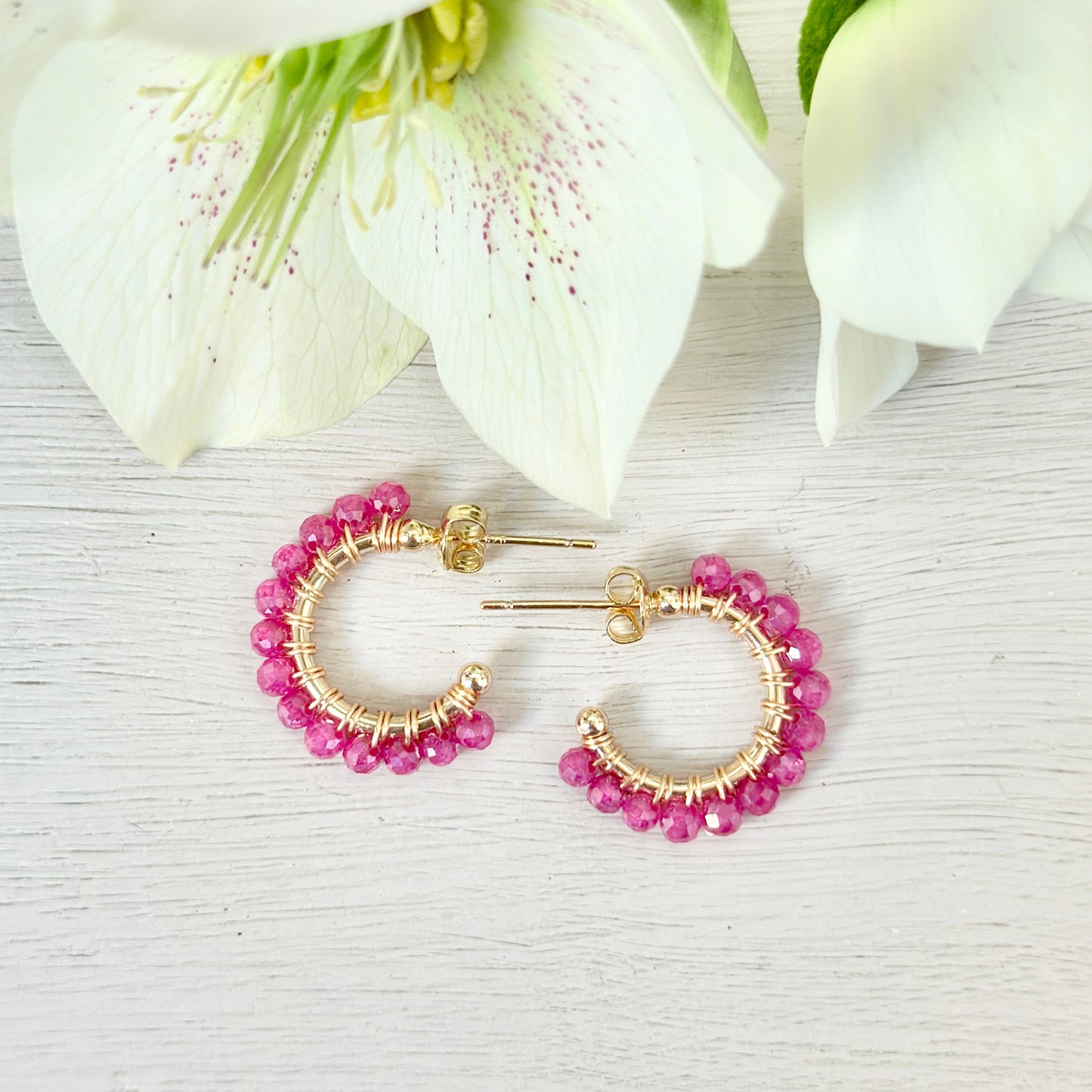 Chunky Magenta Pink Garnet Mini Hoop Beaded Earrings